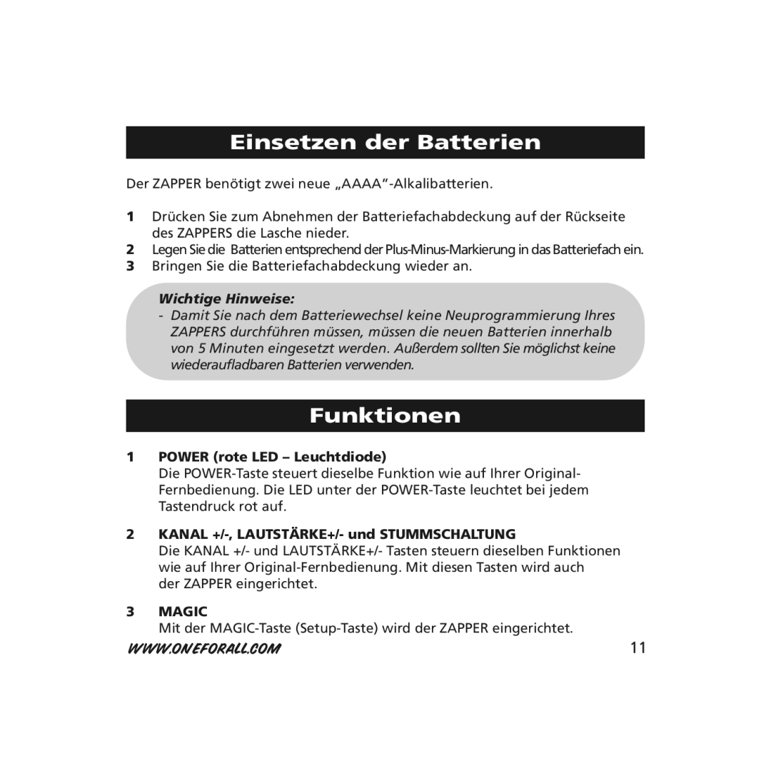 One for All URC-6210, URC-6211 instruction manual Einsetzen der Batterien, Funktionen, Power rote LED Leuchtdiode 