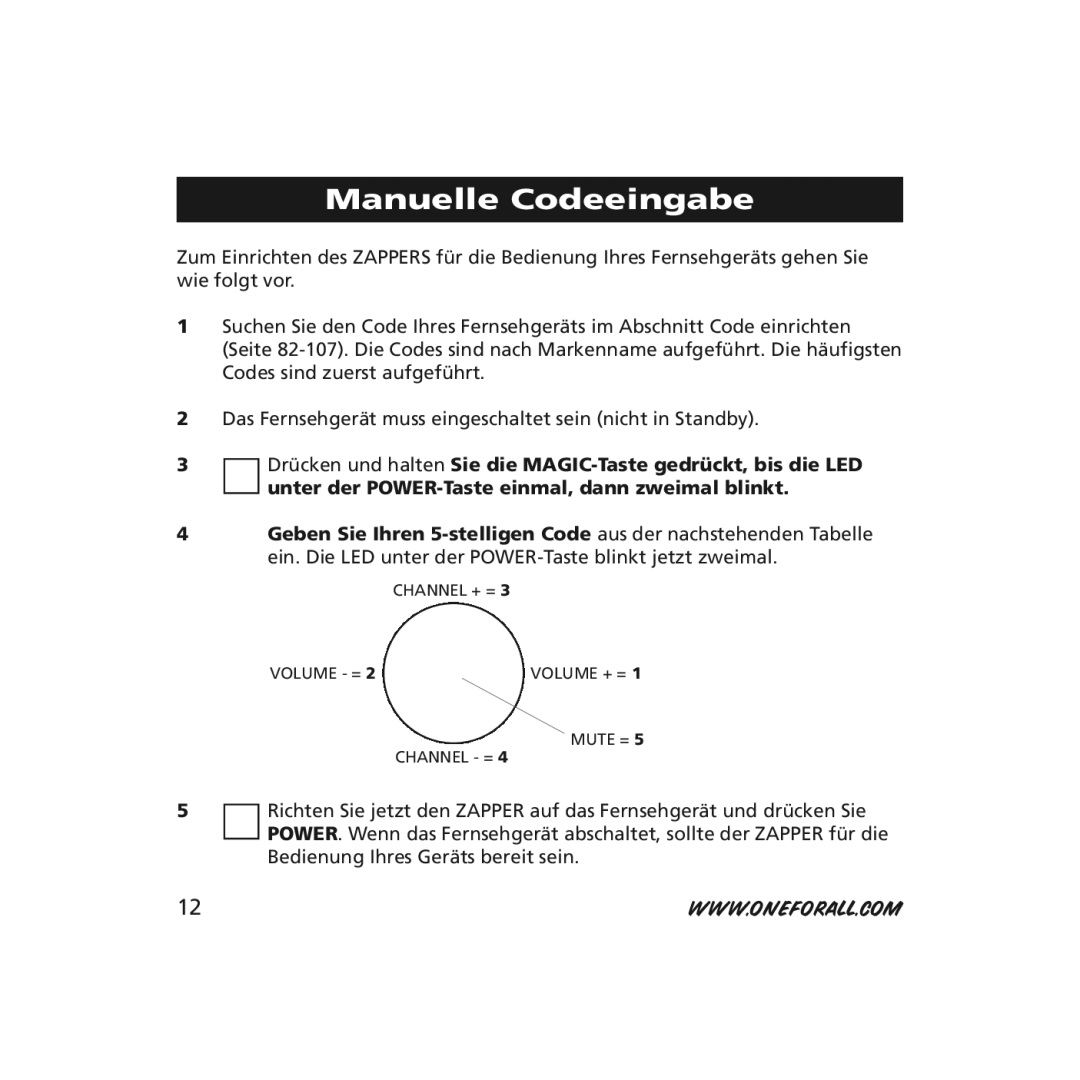 One for All URC-6211, URC-6210 instruction manual Manuelle Codeeingabe 