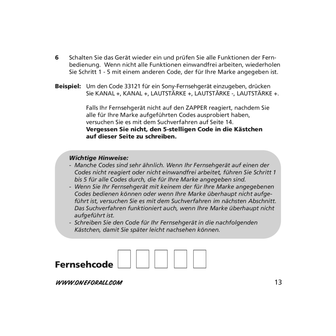 One for All URC-6210, URC-6211 instruction manual Fernsehcode 