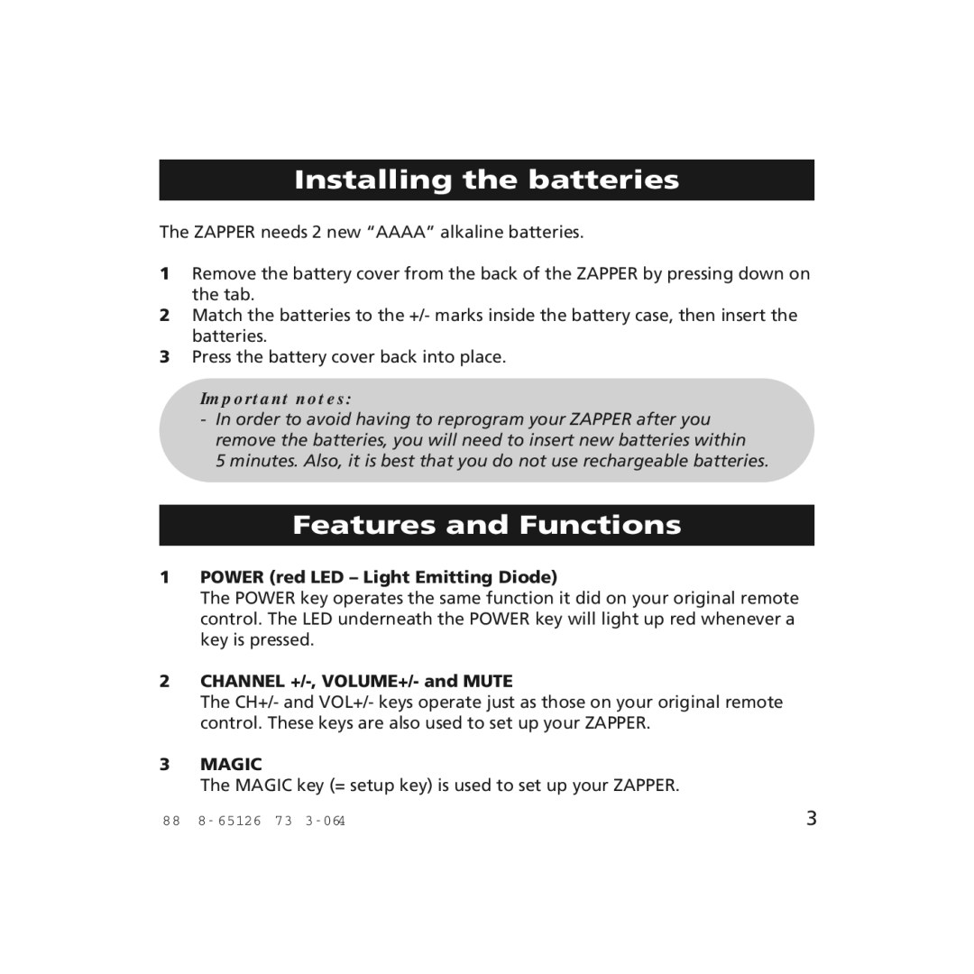 One for All URC-6210, URC-6211 Installing the batteries, Features and Functions, Power red LED Light Emitting Diode 