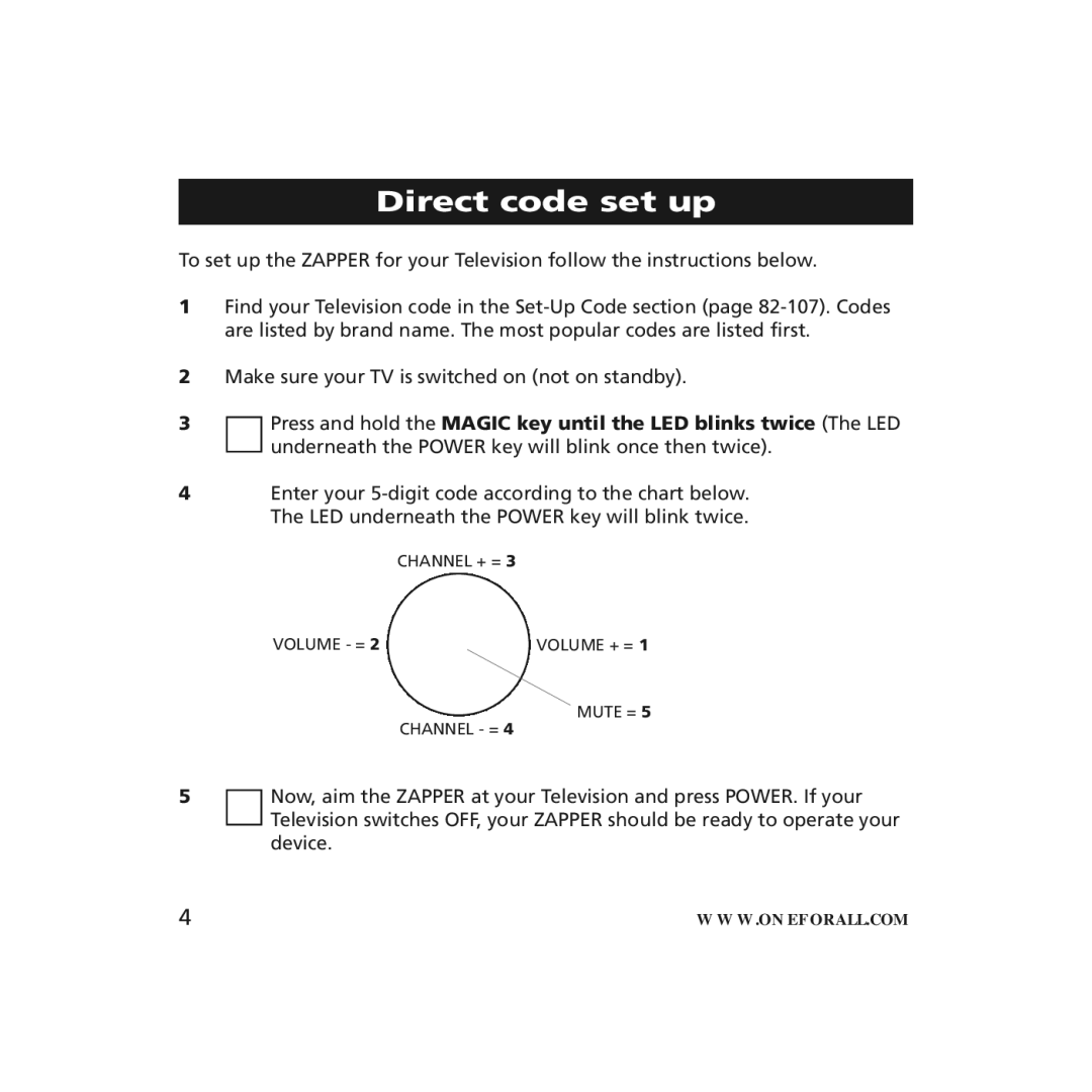 One for All URC-6211, URC-6210 instruction manual Direct code set up 