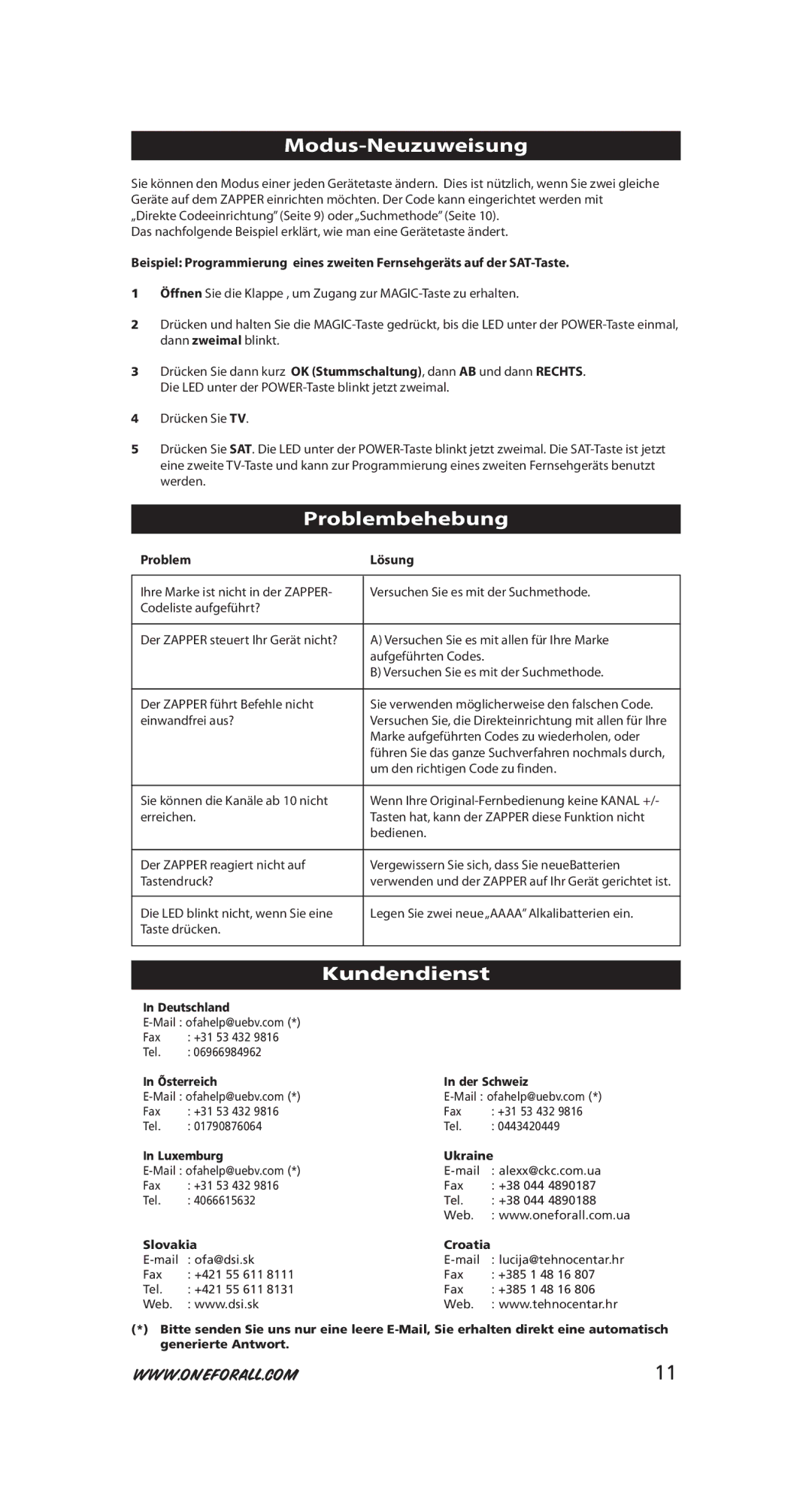 One for All URC-6230, URC-6231 instruction manual Modus-Neuzuweisung, Problembehebung, Kundendienst, Problem Lösung 