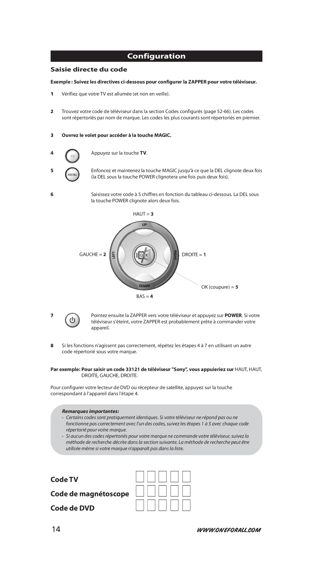 One for All URC-6231, URC-6230 instruction manual Configuration, Code TV, Code de DVD, Saisie directe du code 