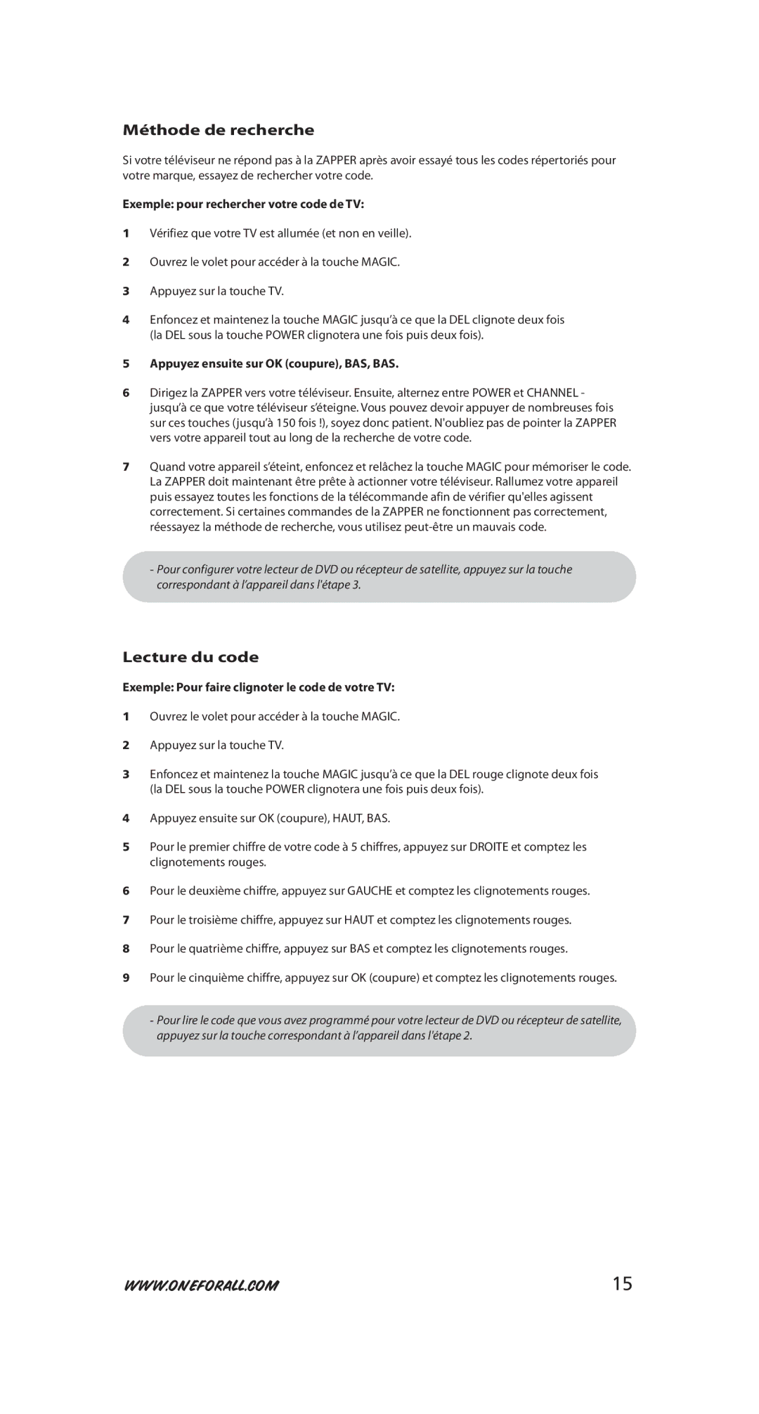 One for All URC-6230, URC-6231 Méthode de recherche, Lecture du code, Exemple pour rechercher votre code de TV 