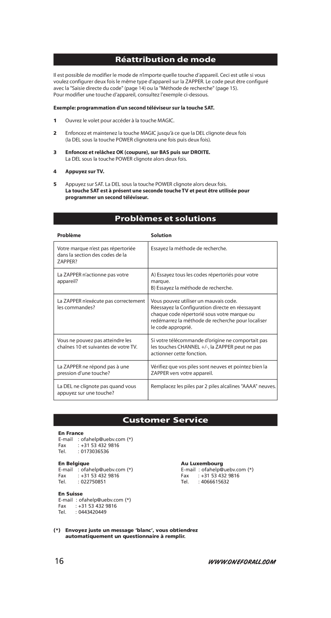 One for All URC-6231 Réattribution de mode, Problèmes et solutions, Customer Service, Appuyez sur TV, Problème Solution 