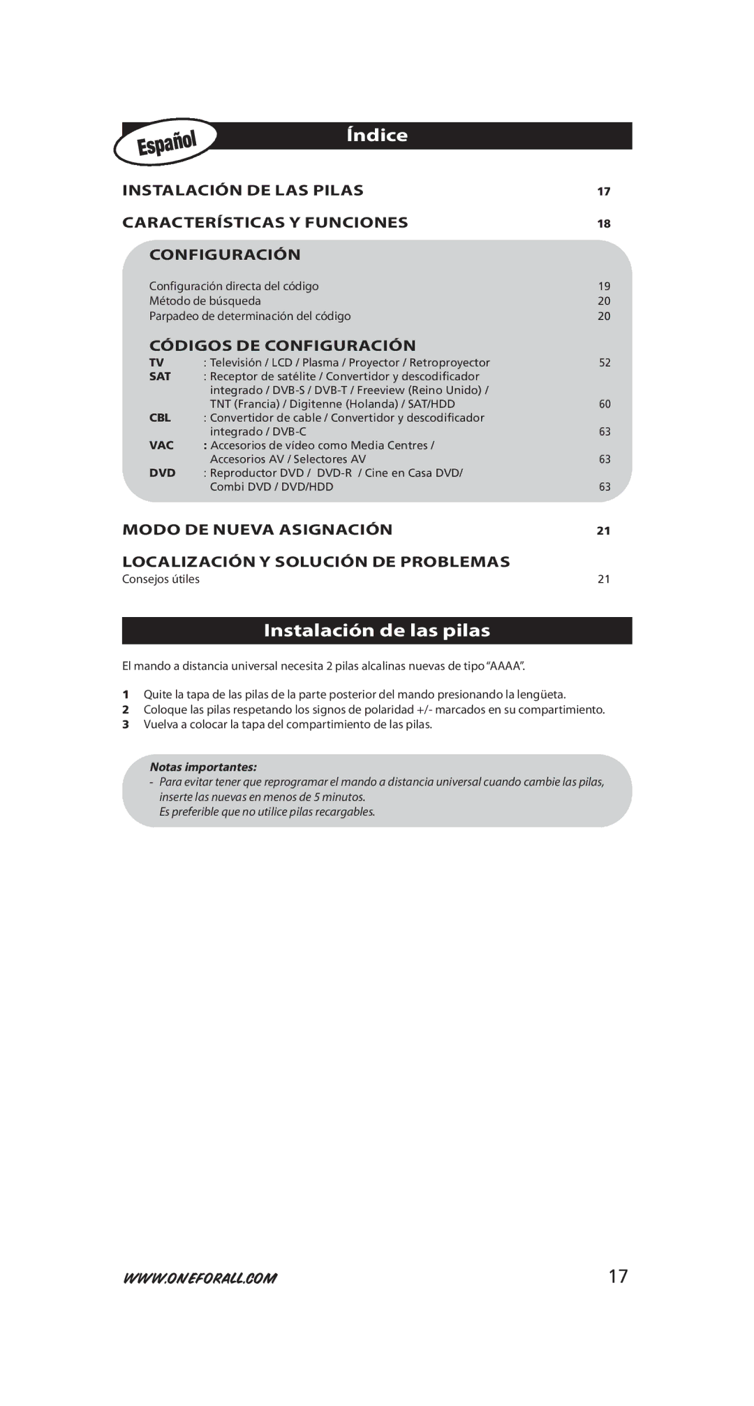 One for All URC-6230, URC-6231 instruction manual Índice, Instalación de las pilas, Códigos DE Configuración 