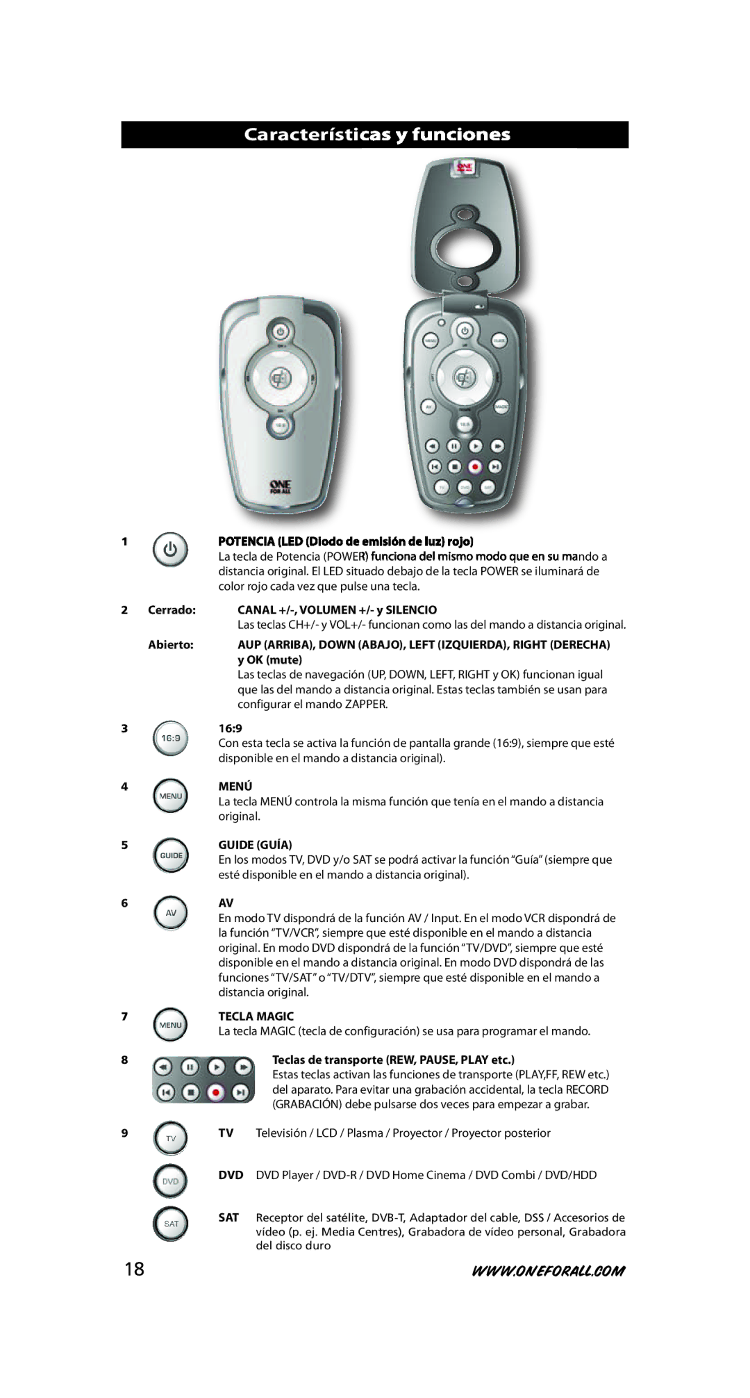 One for All URC-6231, URC-6230 instruction manual Características y funciones, Menú, Guide Guía, Tecla Magic 