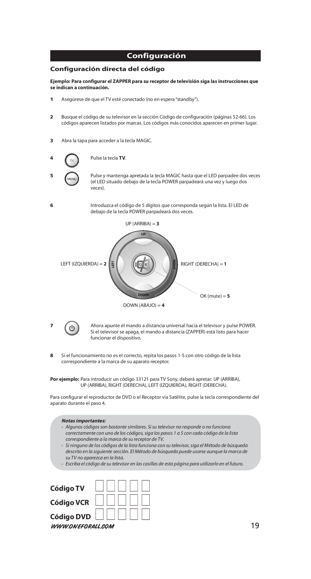 One for All URC-6230 Código TV Código VCR Código DVD, Configuración directa del código, UP Arriba = Left Izquierda = 