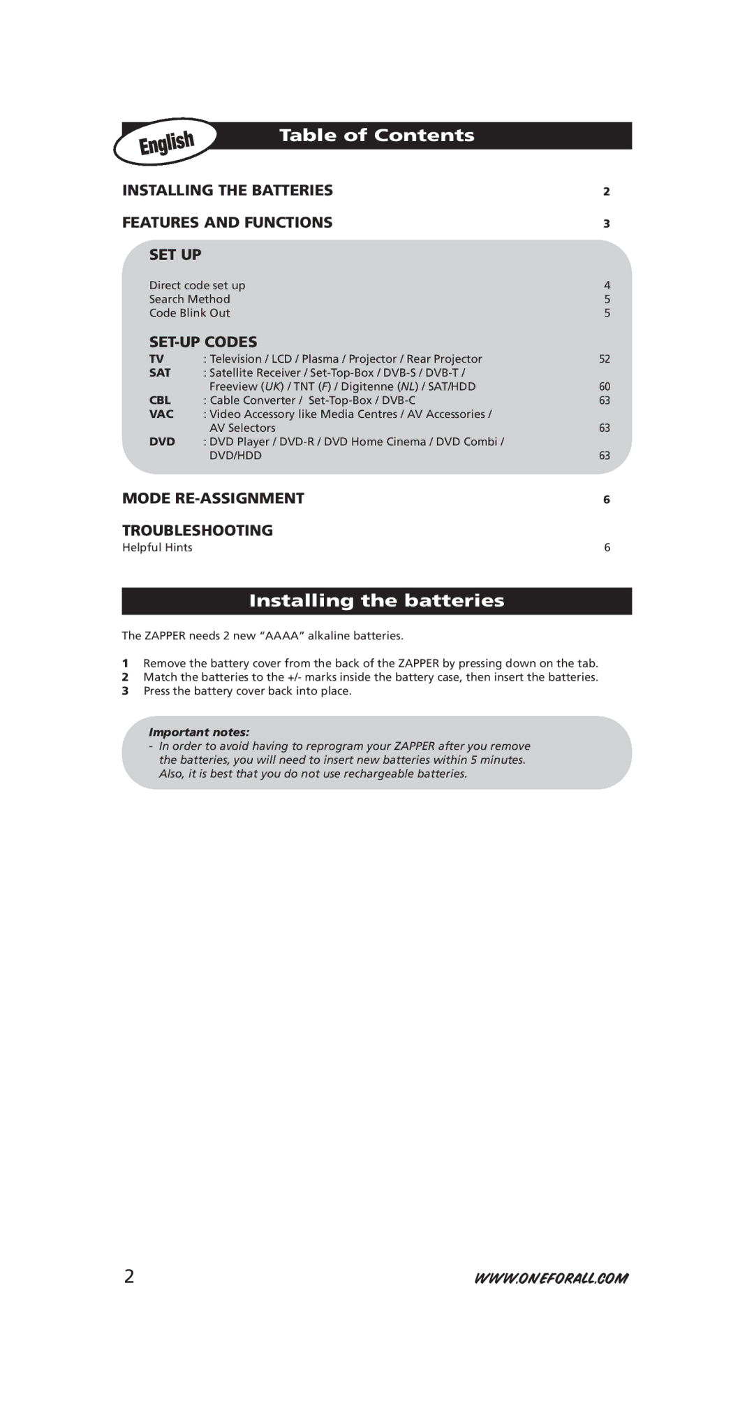 One for All URC-6231, URC-6230 instruction manual Table of Contents, Installing the batteries 