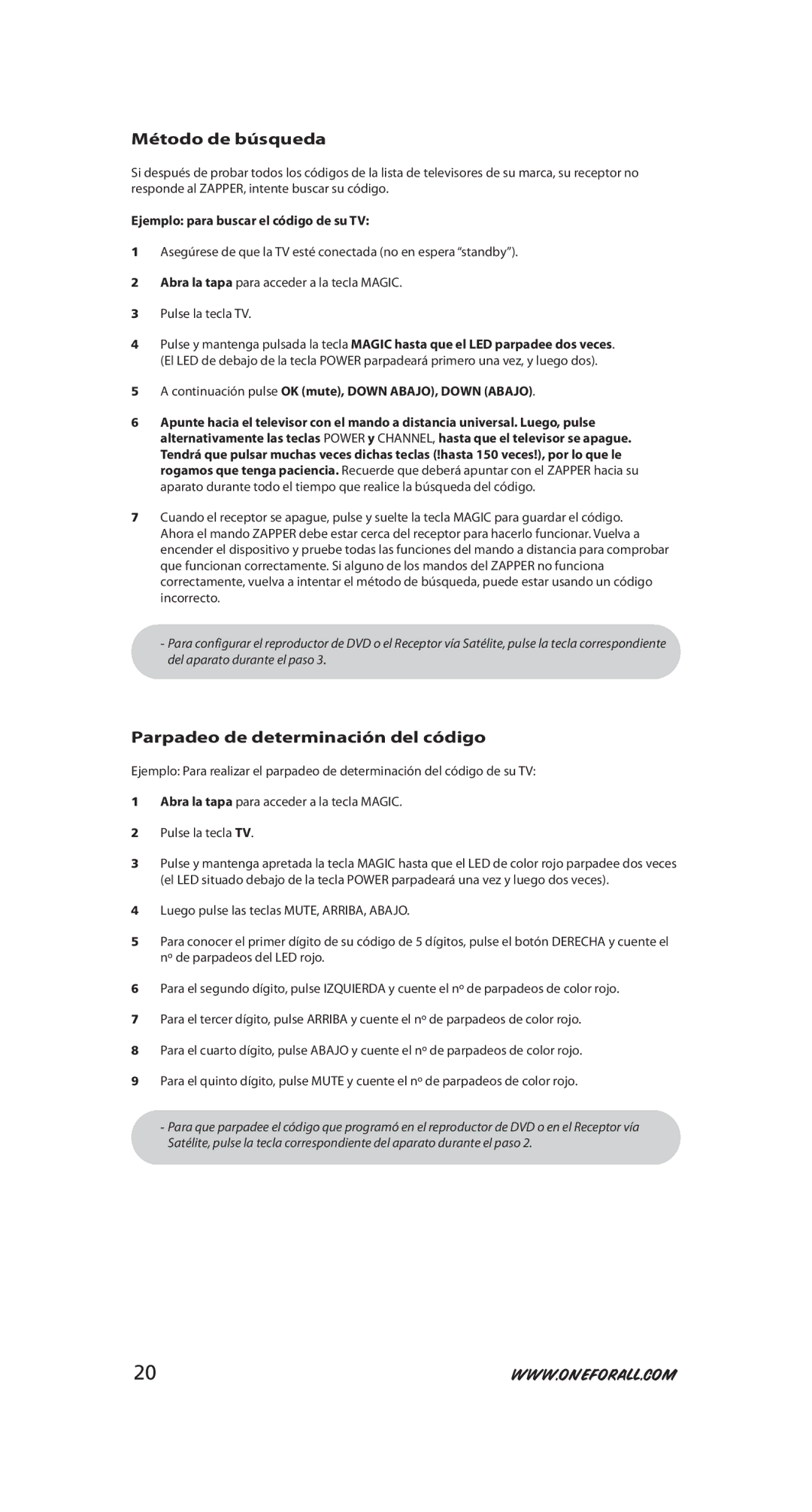 One for All URC-6231 Método de búsqueda, Parpadeo de determinación del código, Ejemplo para buscar el código de su TV 