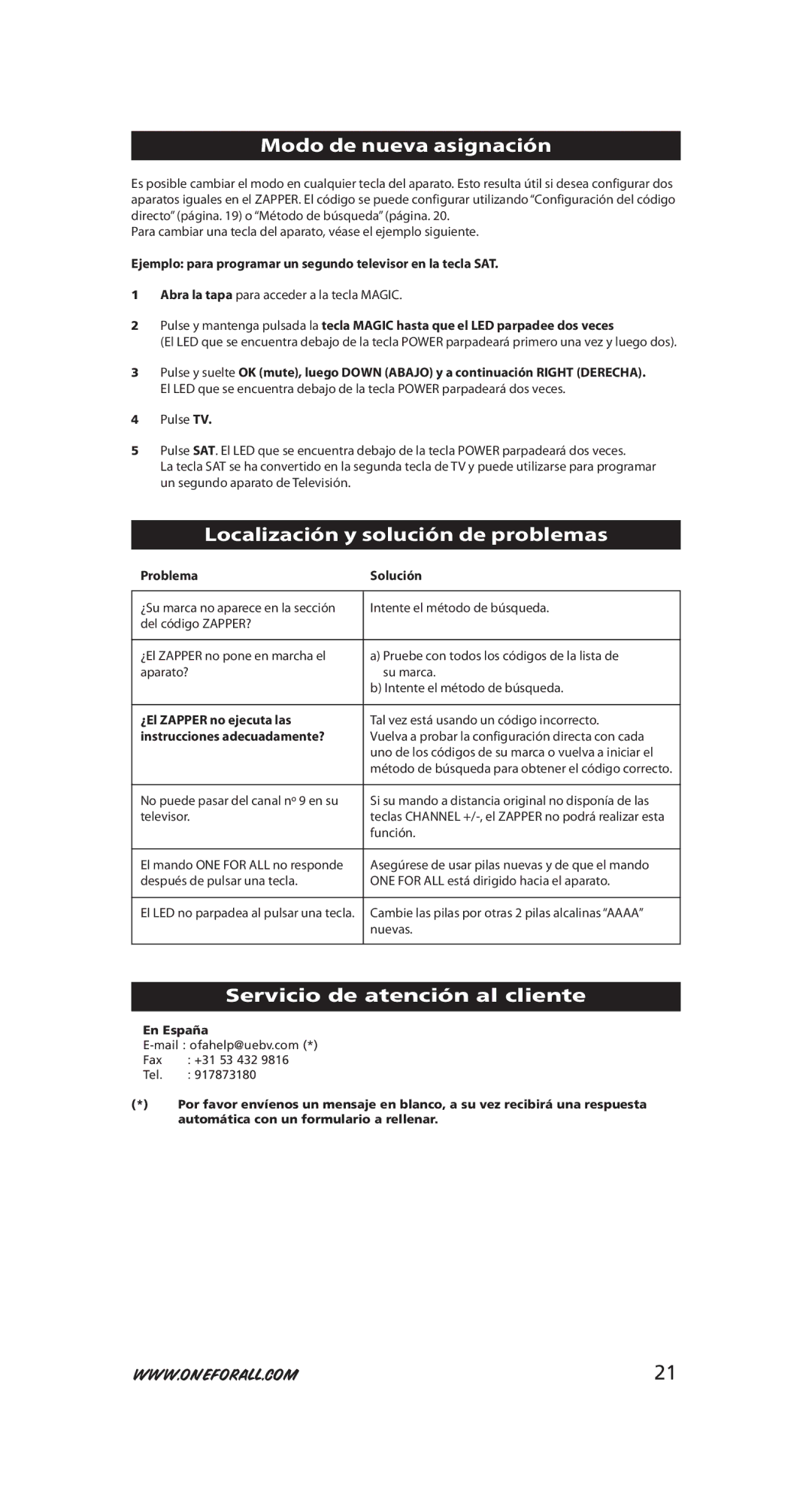 One for All URC-6230 Modo de nueva asignación, Localización y solución de problemas, Servicio de atención al cliente 
