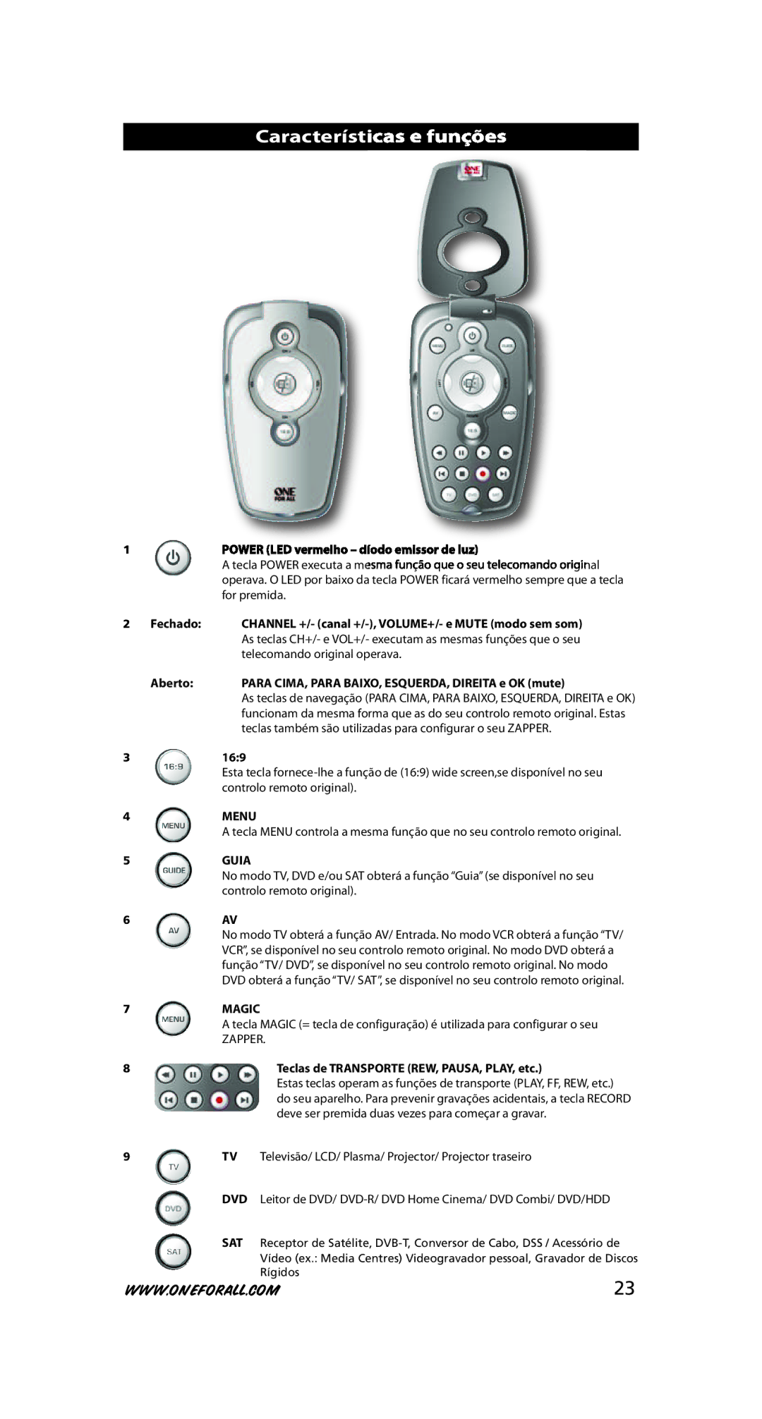 One for All URC-6230, URC-6231 instruction manual Características e funções, Guia 