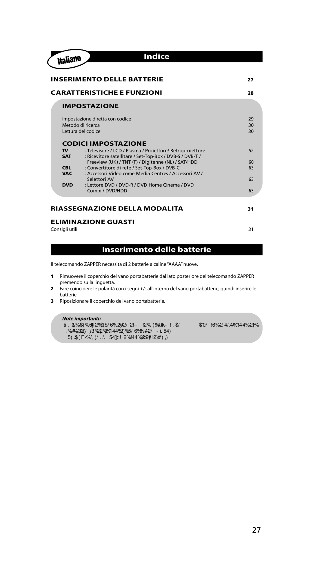 One for All URC-6230, URC-6231 instruction manual Indice, Inserimento delle batterie, Codici Impostazione, Consigli utili 