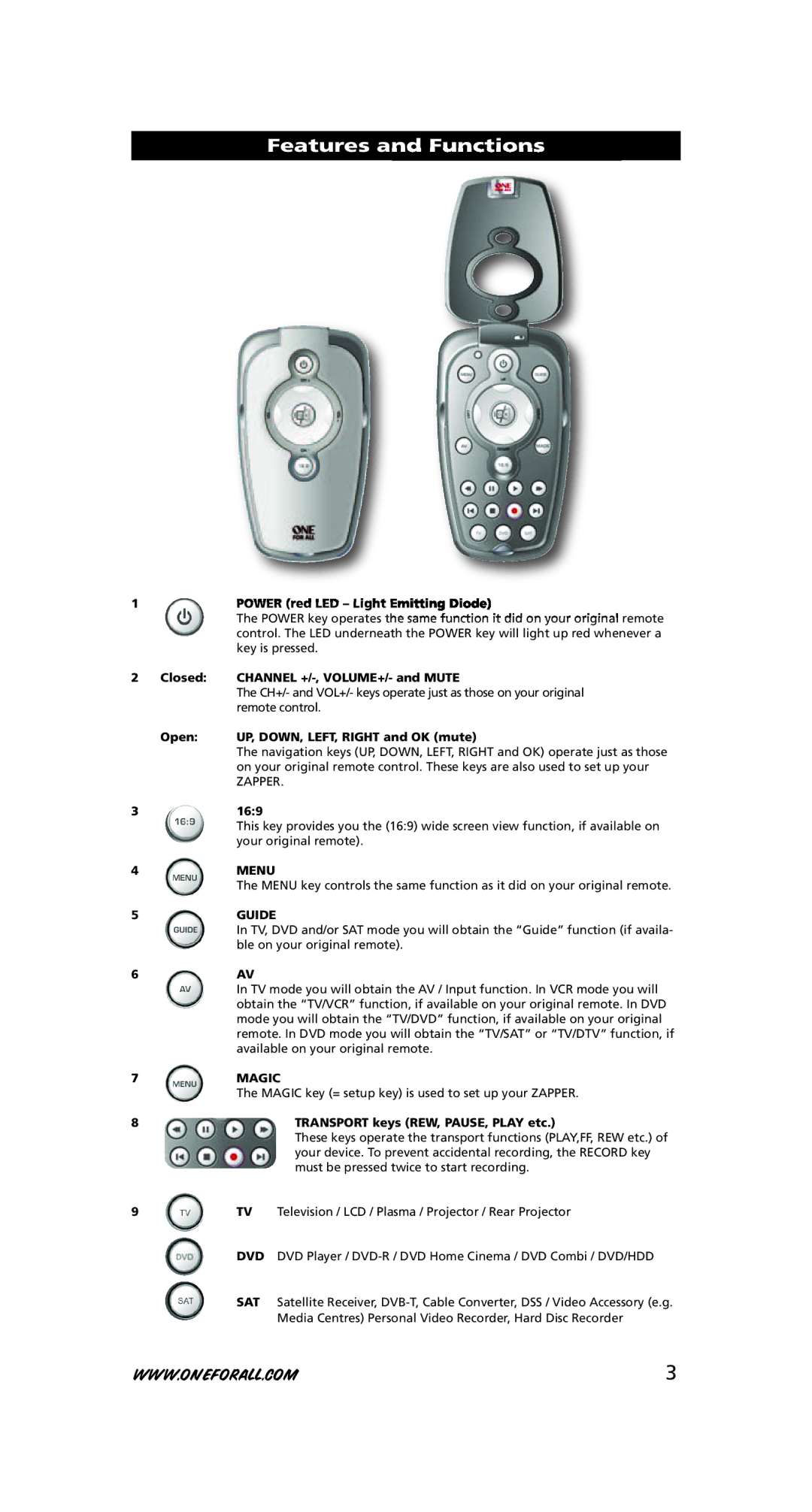 One for All URC-6230, URC-6231 instruction manual Features and Functions, Power red LED Light Emitting Diode 