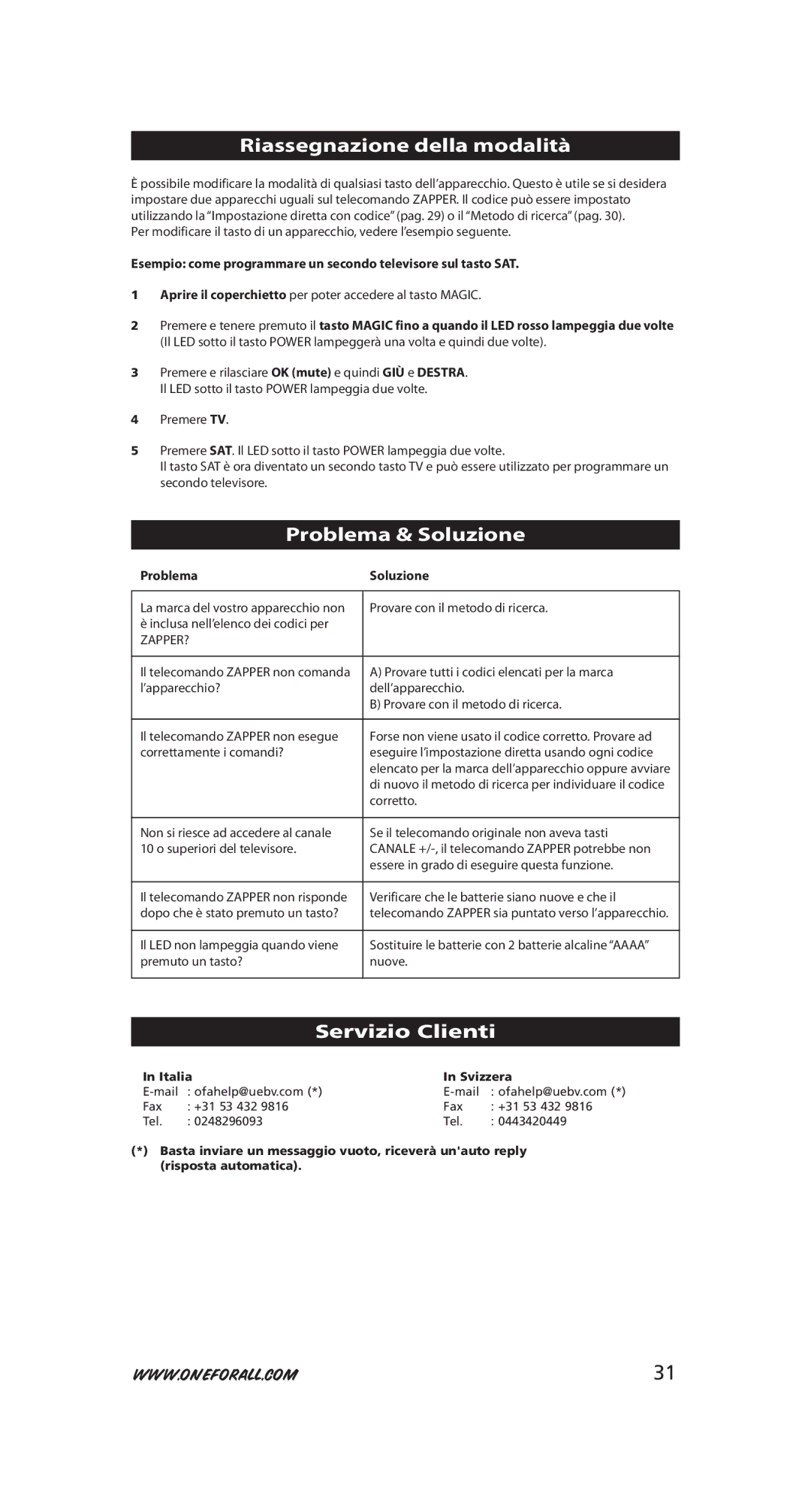 One for All URC-6230, URC-6231 Riassegnazione della modalità, Problema & Soluzione, Servizio Clienti, Problema Soluzione 