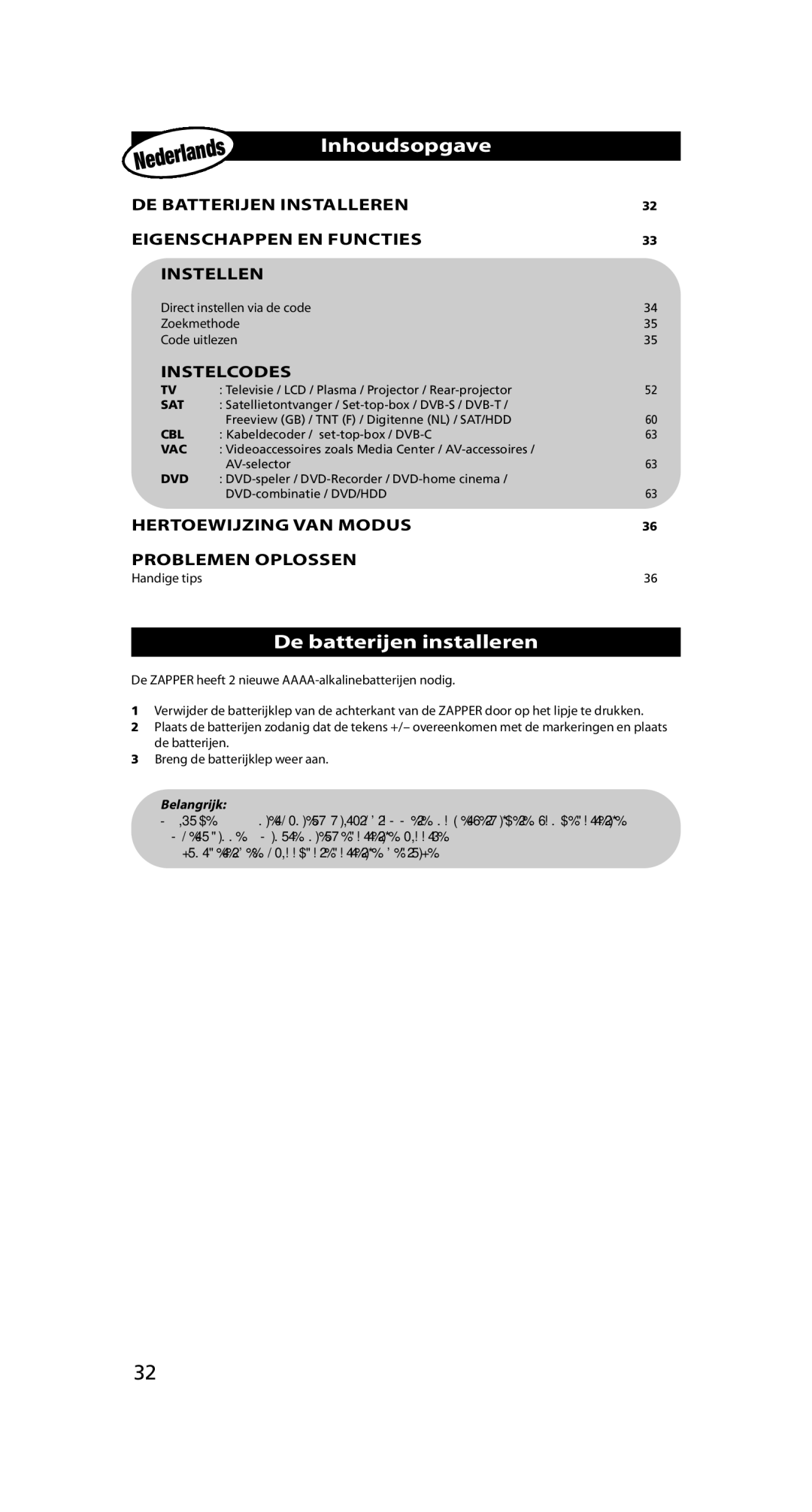 One for All URC-6231 Inhoudsopgave, De batterijen installeren, Instelcodes, Hertoewijzing VAN Modus Problemen Oplossen 