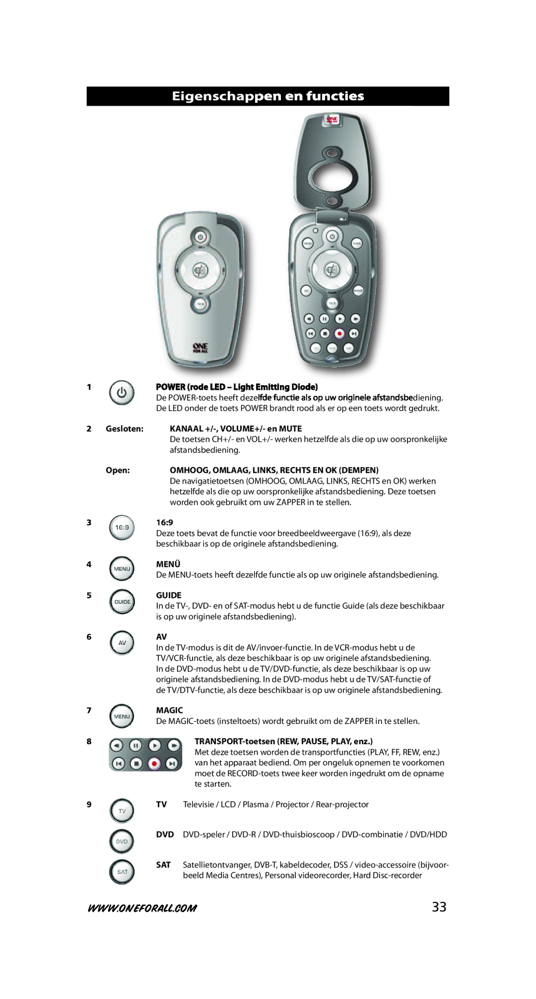 One for All URC-6230, URC-6231 instruction manual Eigenschappen en functies, OMHOOG, OMLAAG, LINKS, Rechts EN OK Dempen 