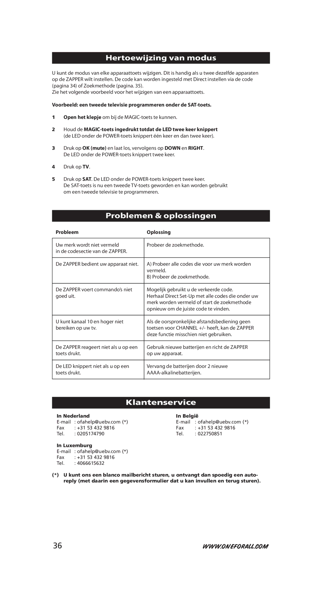 One for All URC-6231, URC-6230 Hertoewijzing van modus, Problemen & oplossingen, Klantenservice, Probleem Oplossing 