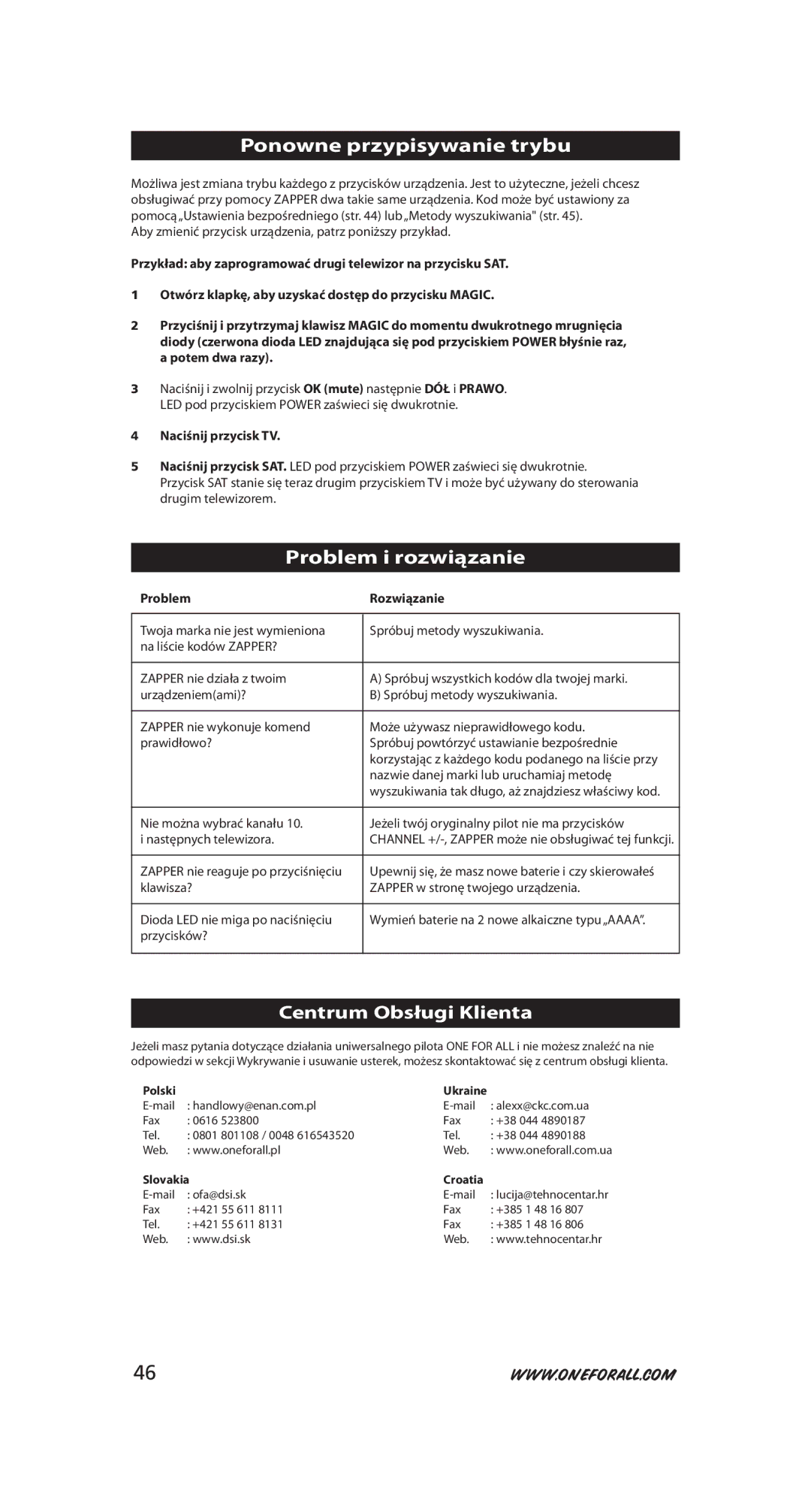 One for All URC-6231 Ponowne przypisywanie trybu, Problem i rozwiązanie, Centrum Obsługi Klienta, Problem Rozwiązanie 
