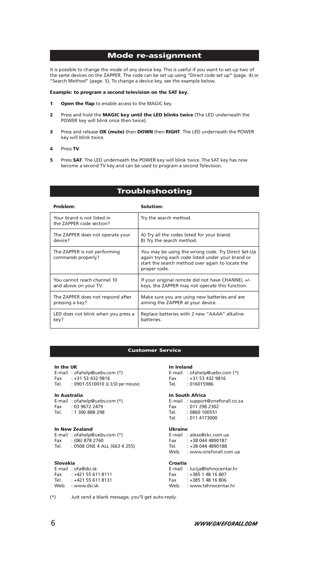 One for All URC-6231, URC-6230 instruction manual Mode re-assignment, Troubleshooting 