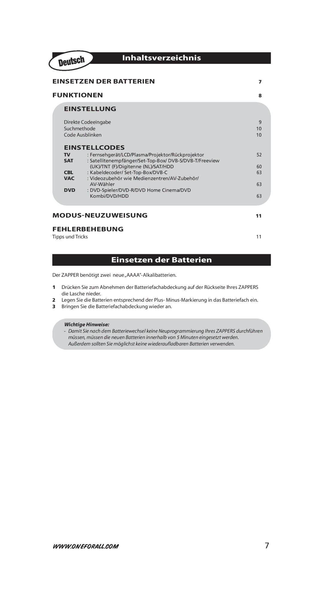 One for All URC-6230, URC-6231 Inhaltsverzeichnis, Einsetzen der Batterien, Einsetzen DER Batterien Funktionen Einstellung 