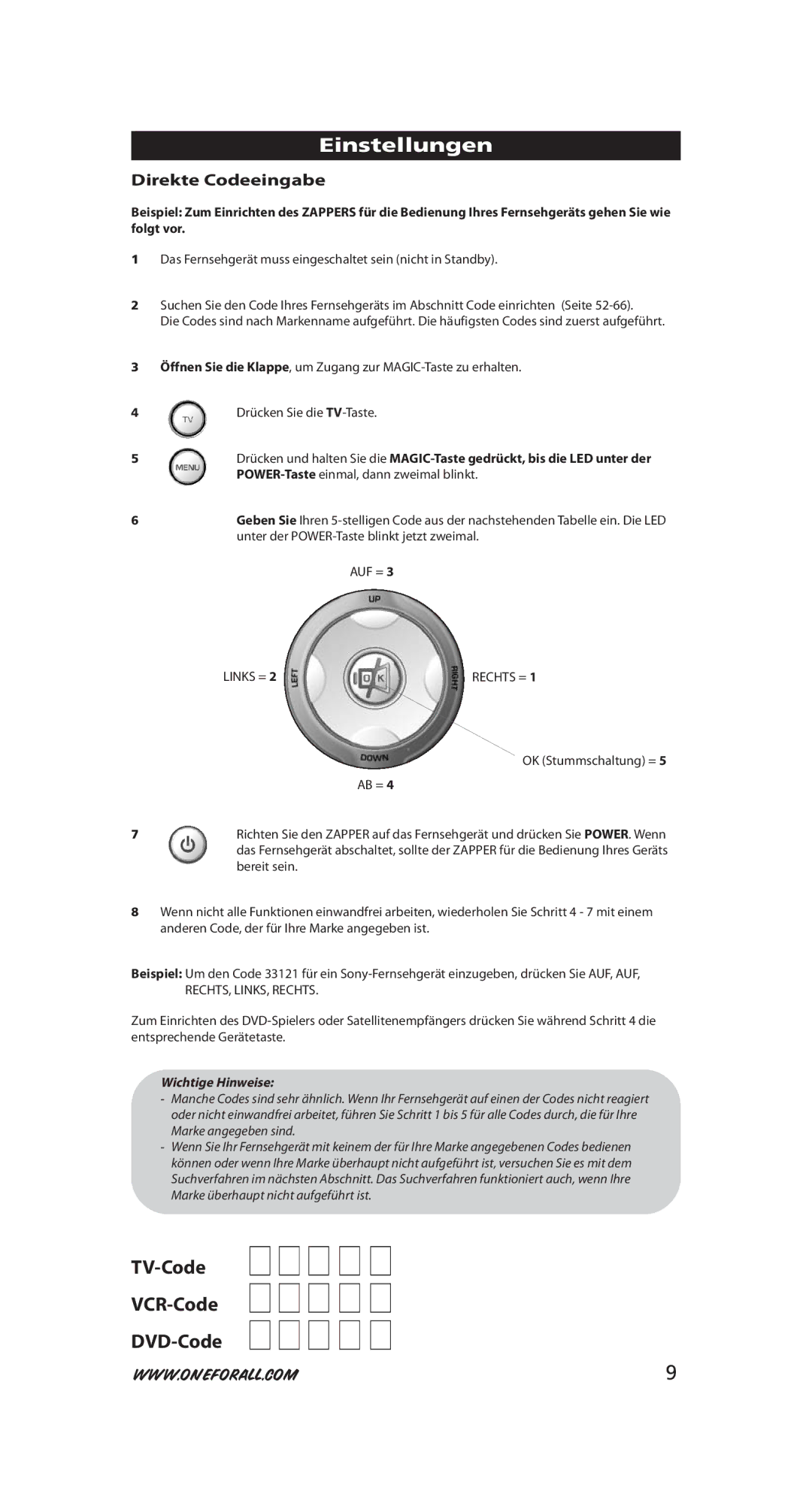 One for All URC-6230, URC-6231 Einstellungen, TV-Code VCR-Code DVD-Code, Direkte Codeeingabe, RECHTS, LINKS, Rechts 