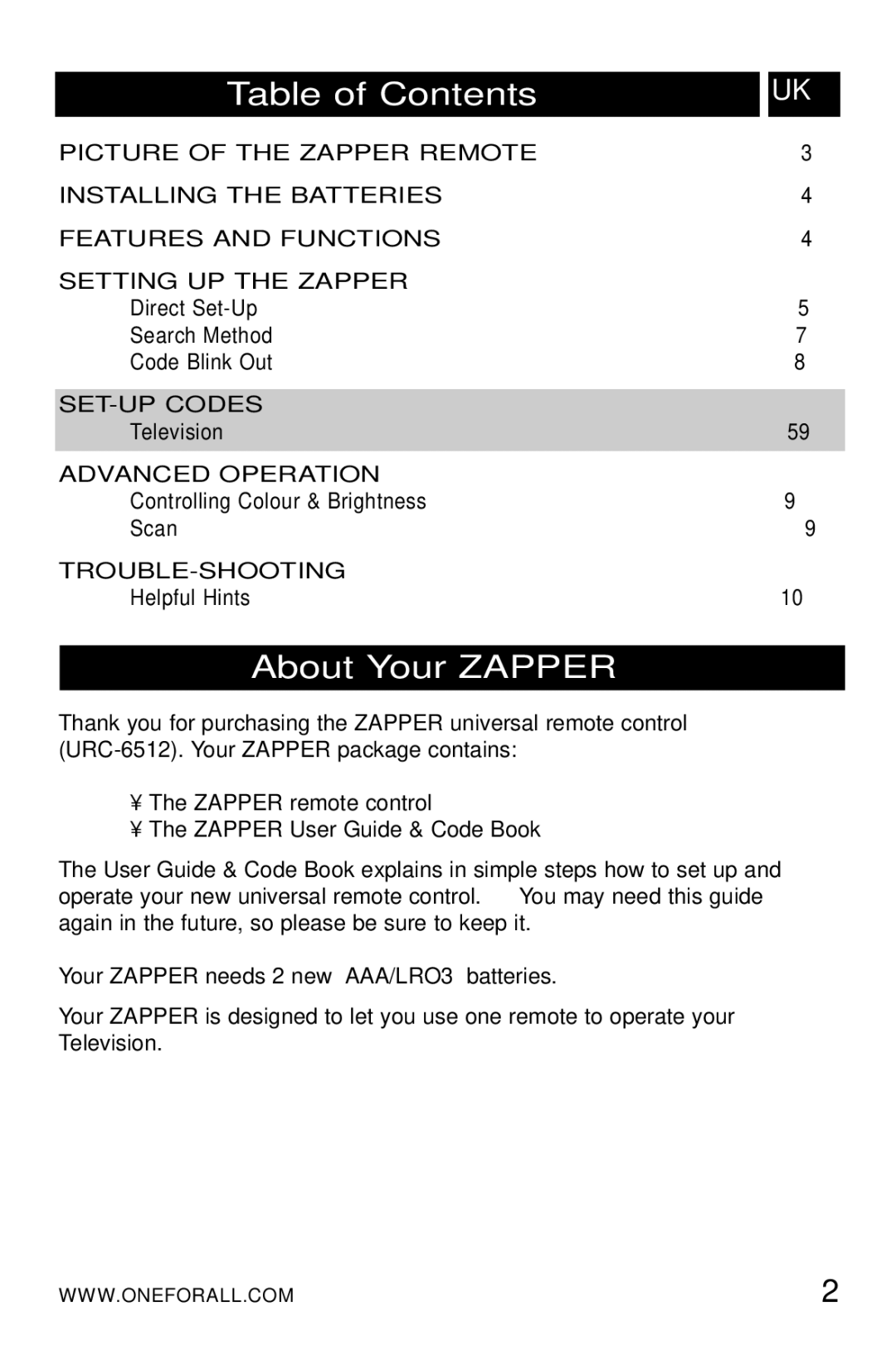 One for All URC-6512 manual Table of Contents, About Your Zapper 