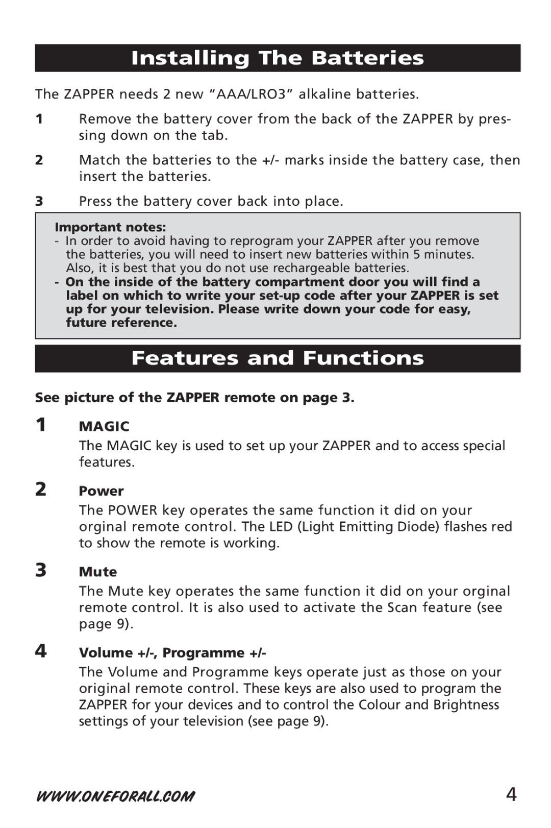 One for All URC-6512 manual Installing The Batteries, Features and Functions 