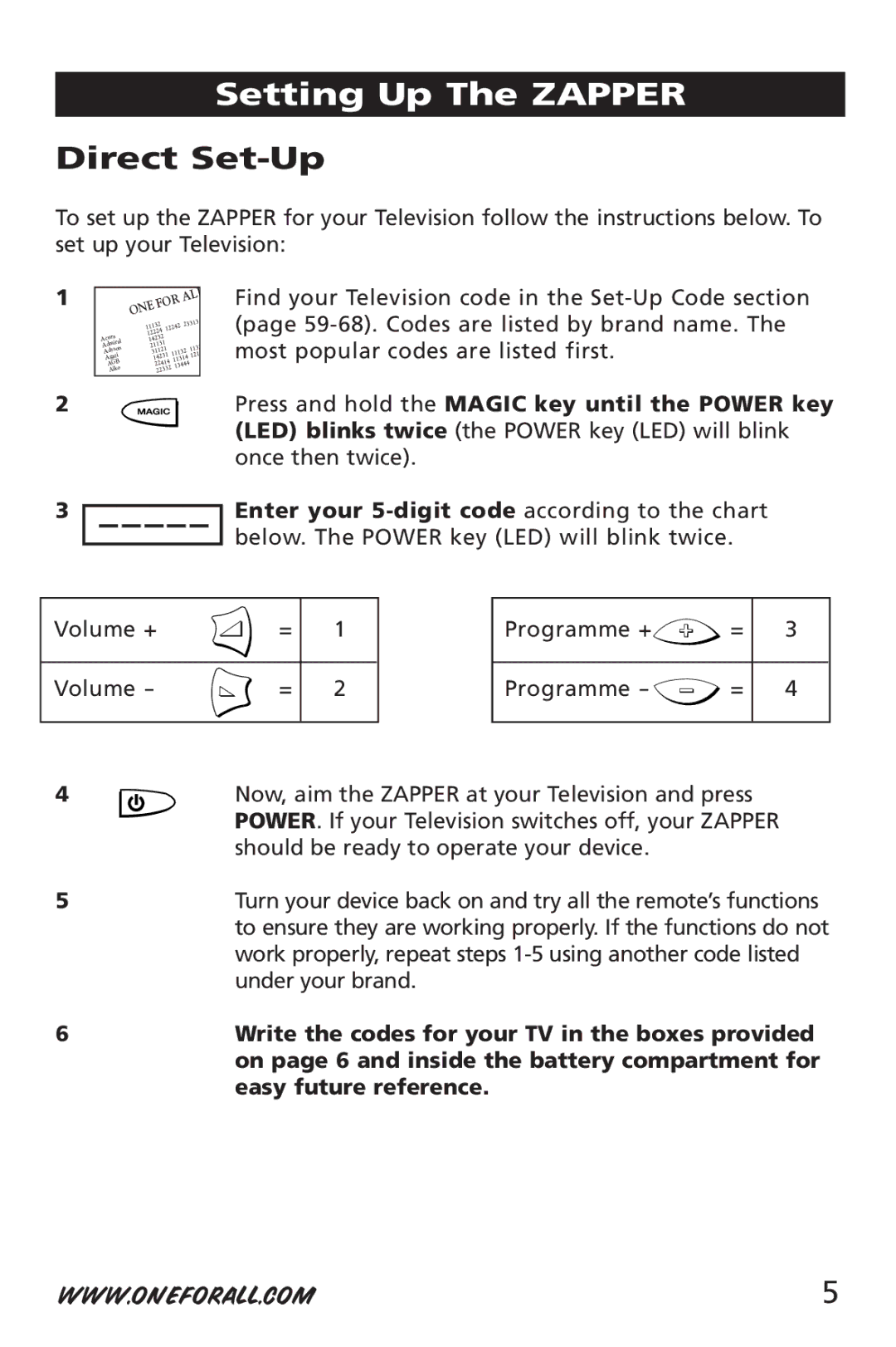 One for All URC-6512 manual Setting Up The Zapper, Direct Set-Up 