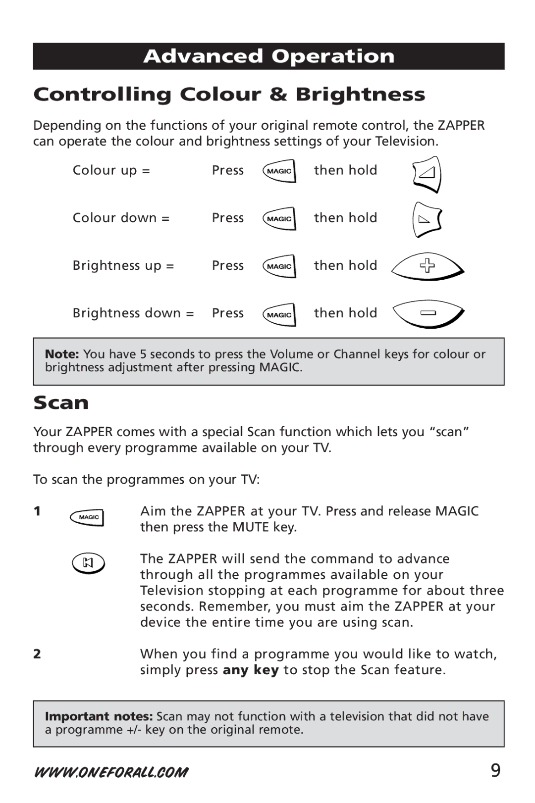 One for All URC-6512 manual Advanced Operation, Controlling Colour & Brightness, Scan 