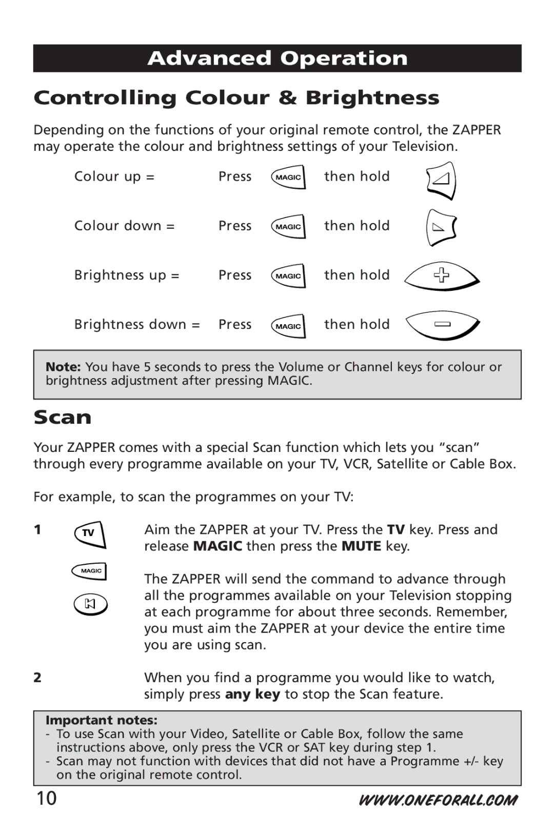 One for All URC-6532 Advanced Operation, Controlling Colour & Brightness, Scan, Release Magic then press the Mute key 