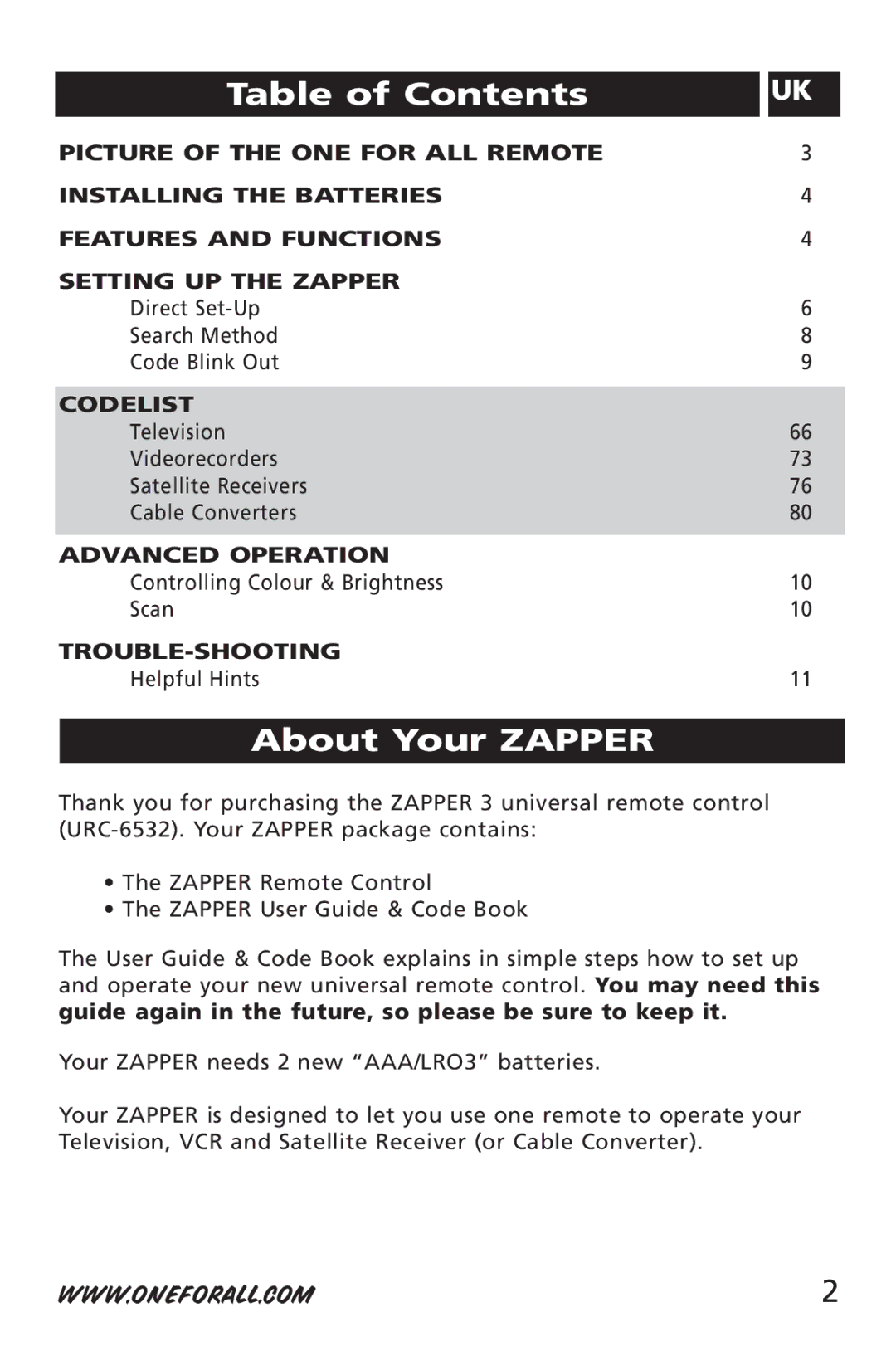 One for All URC-6532 manual Table of Contents, About Your Zapper 