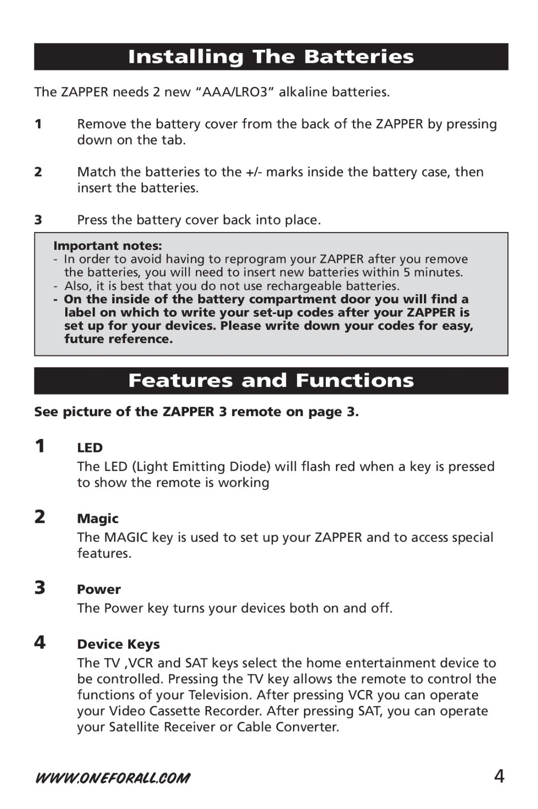 One for All URC-6532 manual Installing The Batteries, Features and Functions 