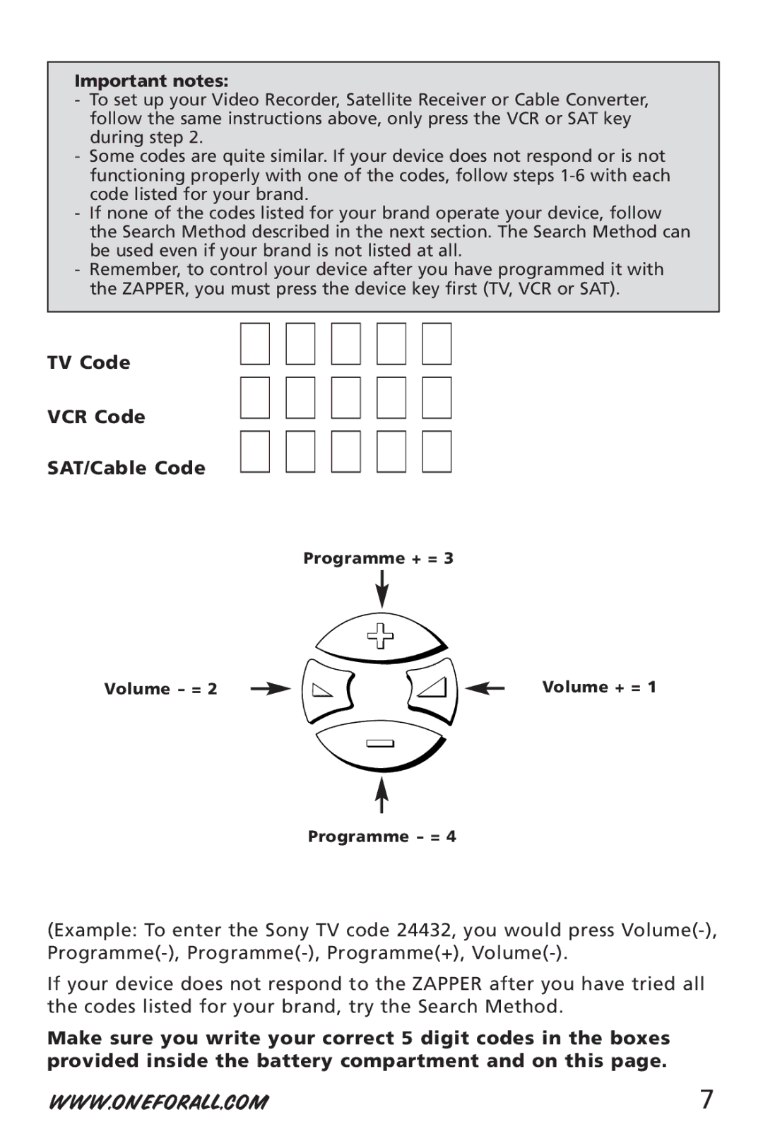 One for All URC-6532 manual Important notes, TV Code VCR Code SAT/Cable Code 