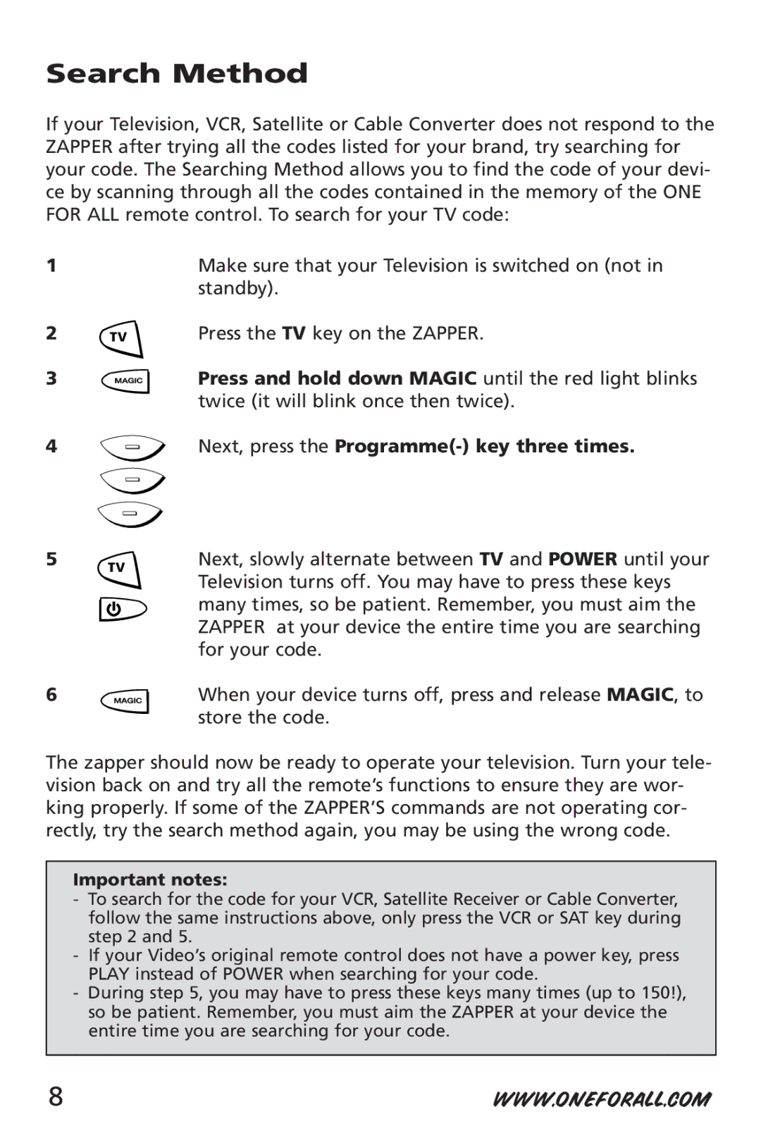 One for All URC-6532 manual Search Method, Press and hold down Magic until the red light blinks 