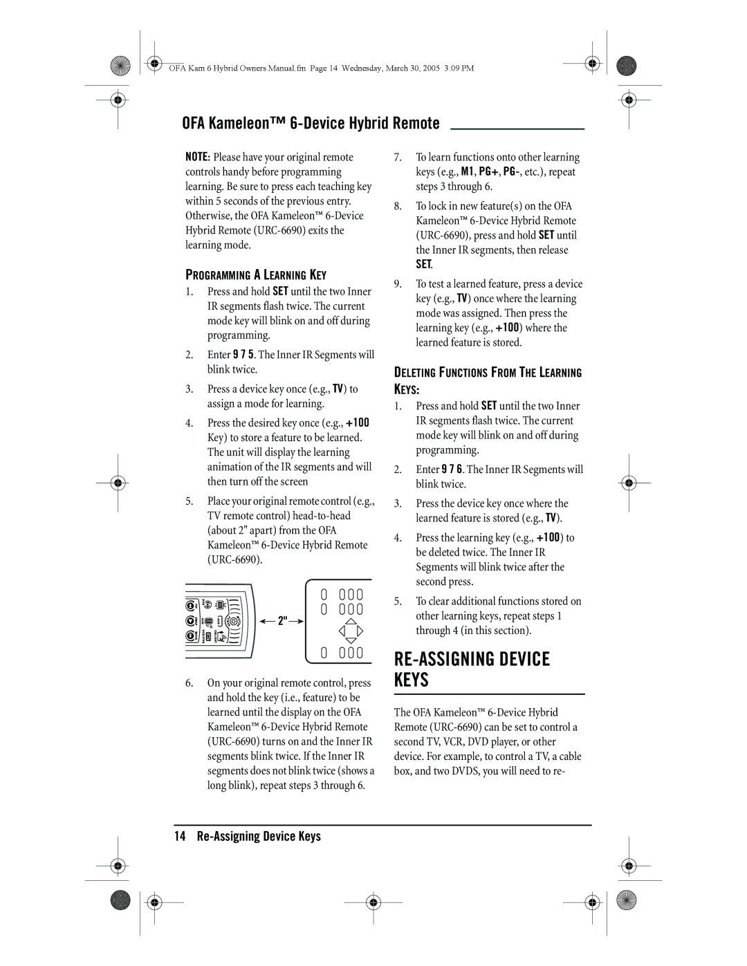 One for All URC-6690 RE-ASSIGNING Device Keys, Programming a Learning KEY, Set, Deleting Functions from the Learning Keys 