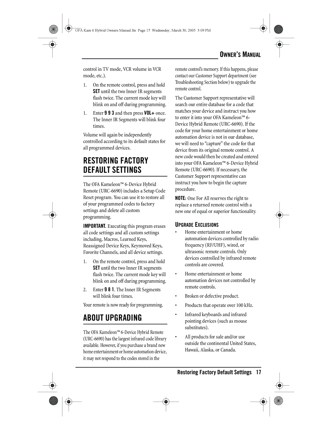 One for All URC-6690 owner manual About Upgrading, Upgrade Exclusions 