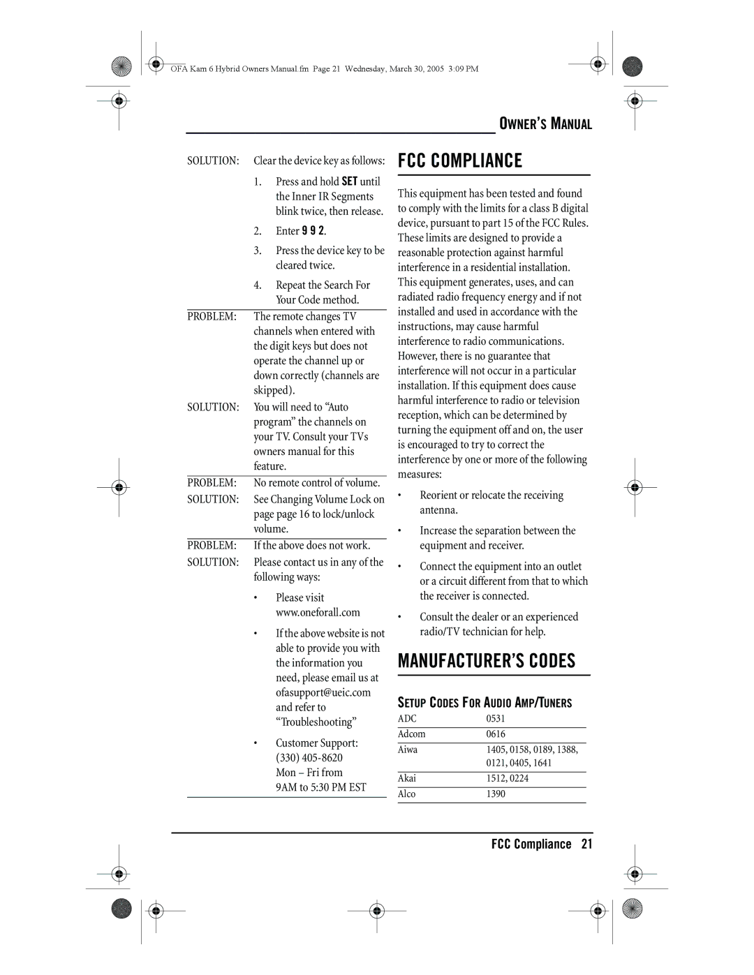 One for All URC-6690 owner manual FCC Compliance, MANUFACTURER’S Codes, Setup Codes for Audio AMP/TUNERS, Solution, Adc 