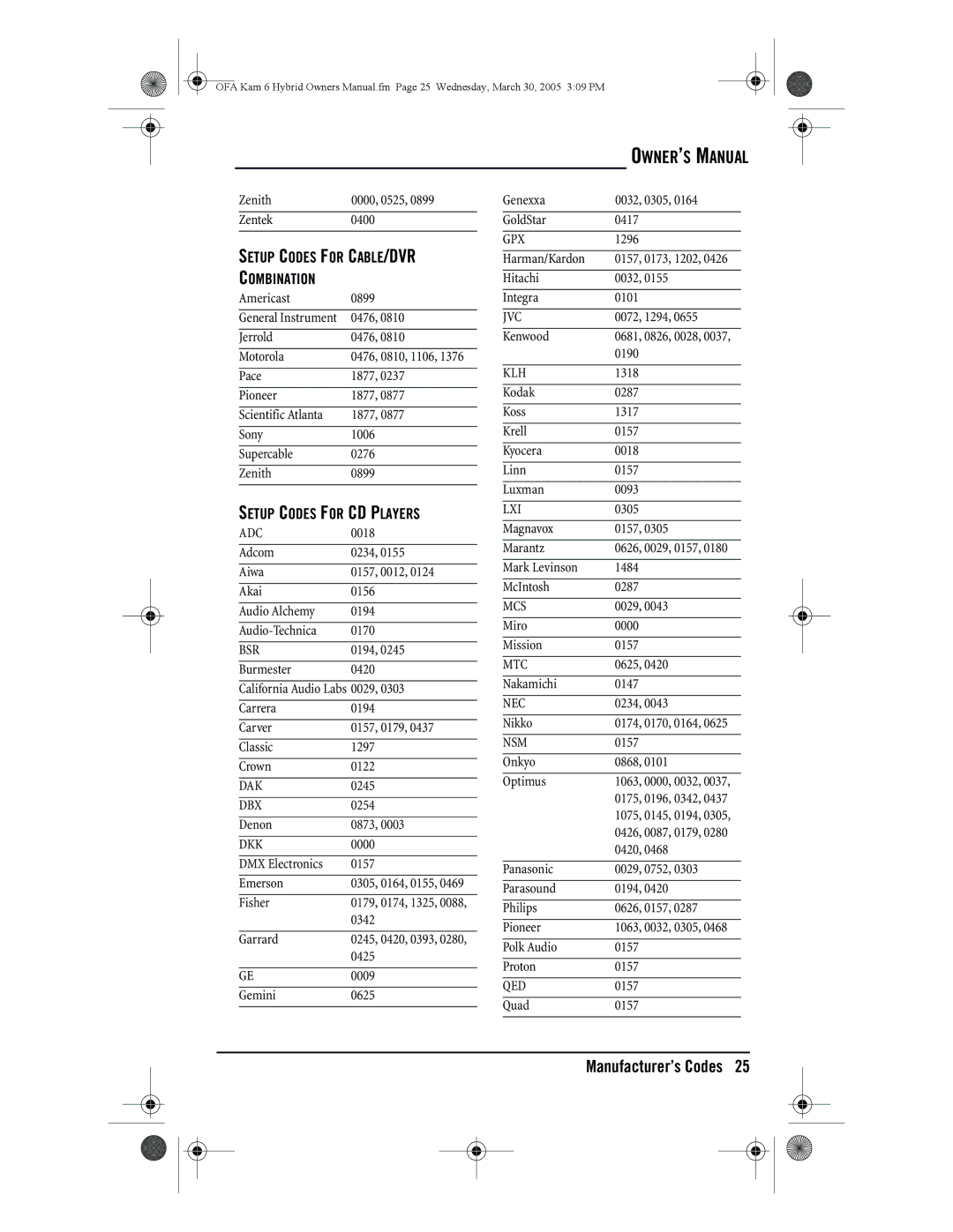 One for All URC-6690 owner manual Setup Codes for CABLE/DVR Combination, Setup Codes for CD Players 