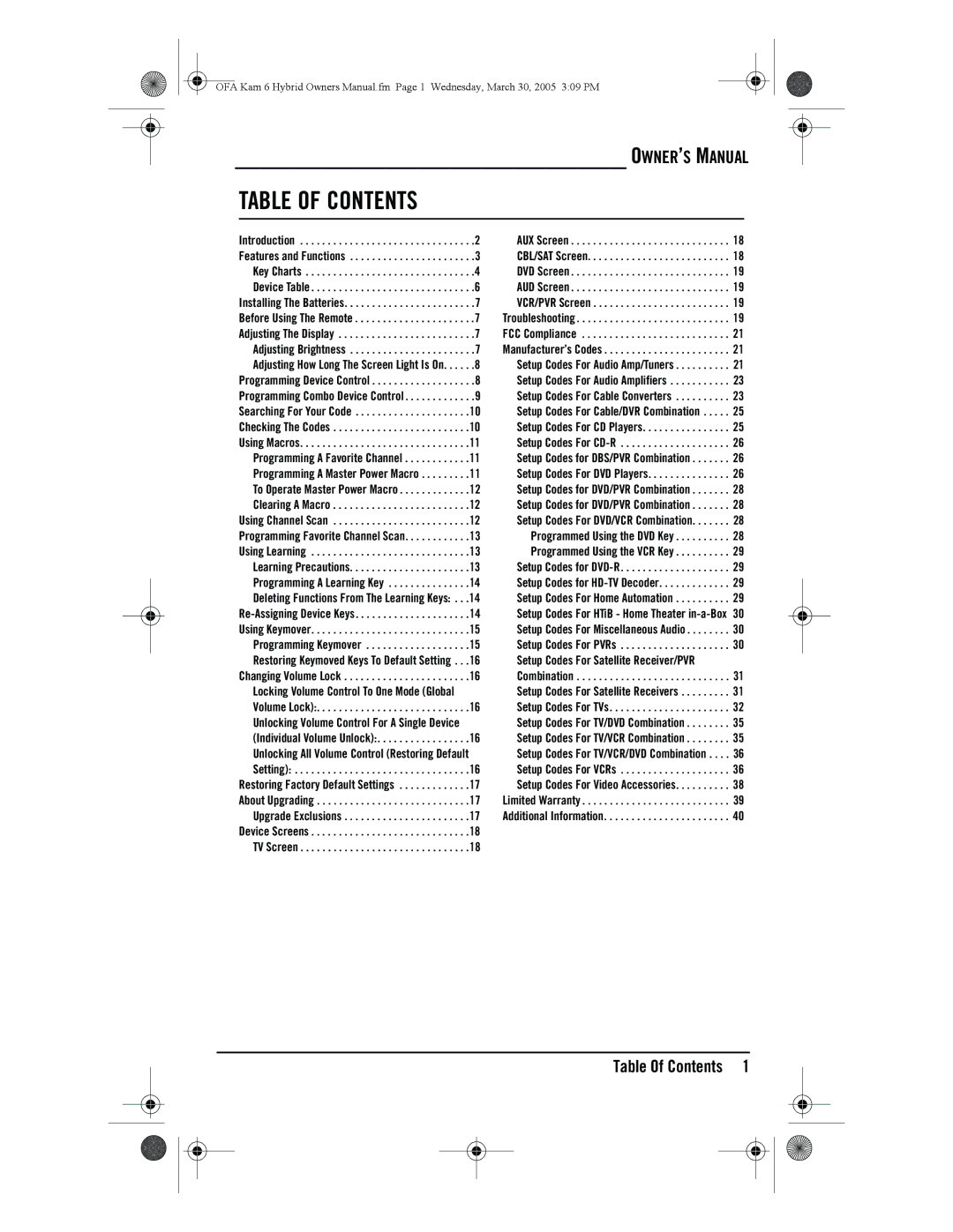 One for All URC-6690 owner manual Table of Contents 