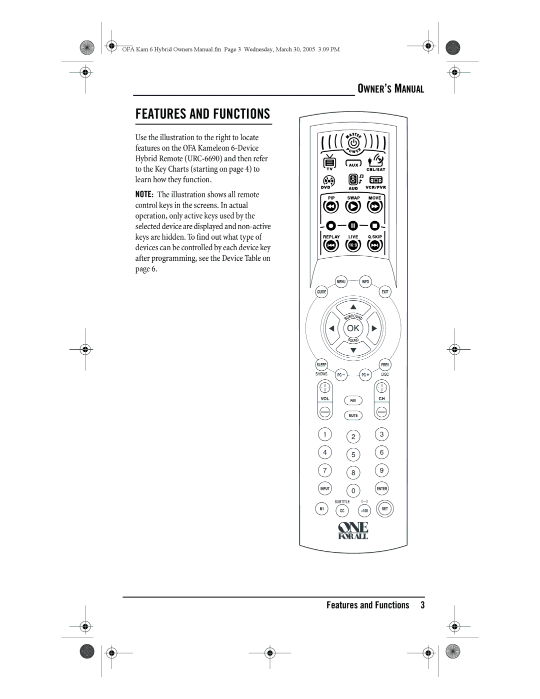 One for All URC-6690 owner manual Features and Functions 