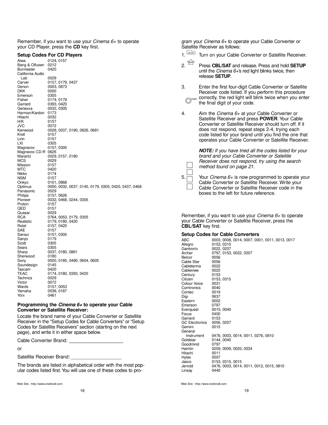 One for All URC 6800 manual Setup Codes For CD Players, Setup Codes for Cable Converters 