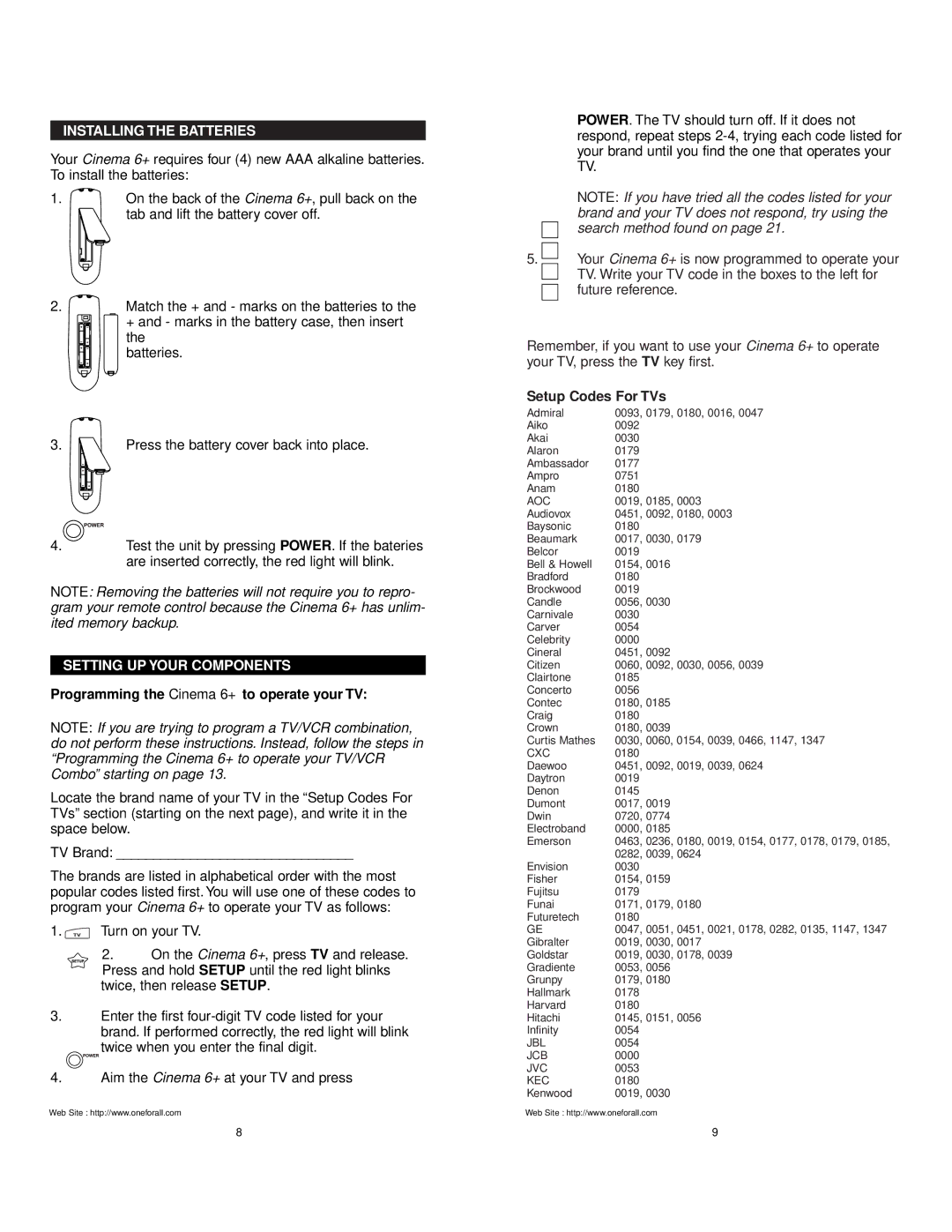 One for All URC 6800 manual Installing the Batteries, Setup Codes For TVs 