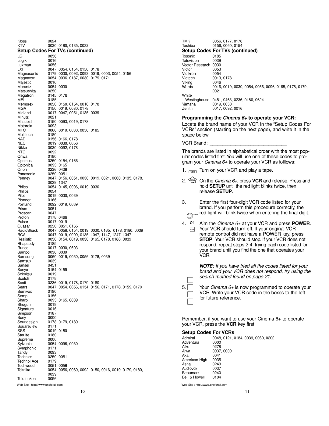 One for All URC 6800 manual Programming the Cinema 6+ to operate your VCR, Setup Codes For VCRs 