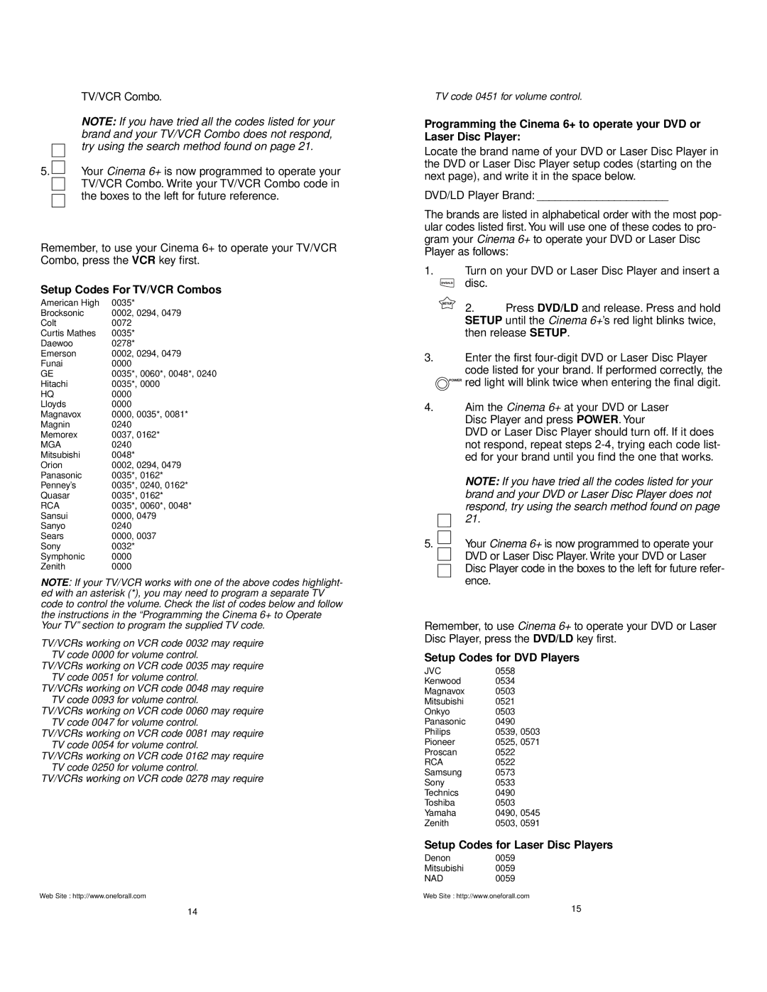 One for All URC 6800 manual Setup Codes For TV/VCR Combos, Setup Codes for DVD Players, Setup Codes for Laser Disc Players 