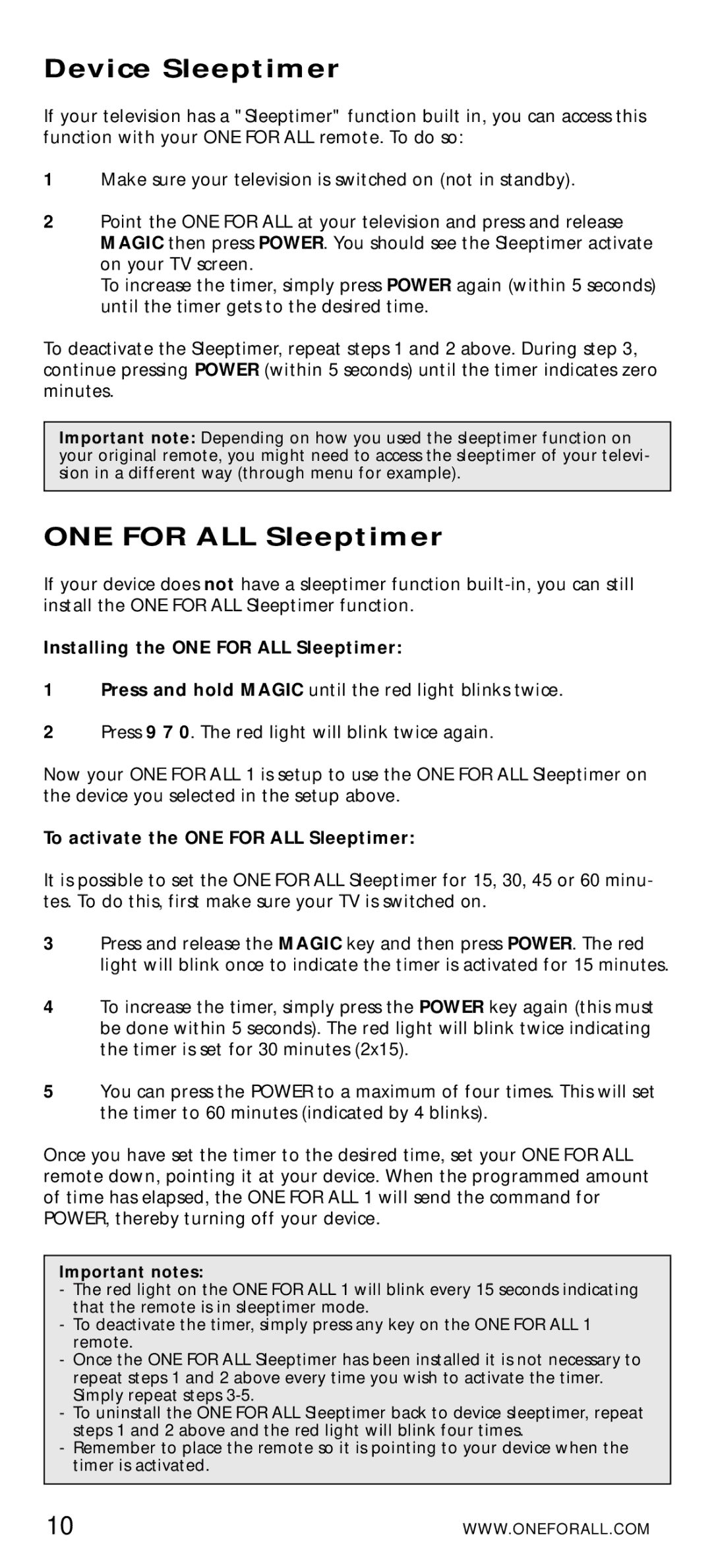 One for All URC-7010 Device Sleeptimer, Installing the ONE for ALL Sleeptimer, To activate the ONE for ALL Sleeptimer 