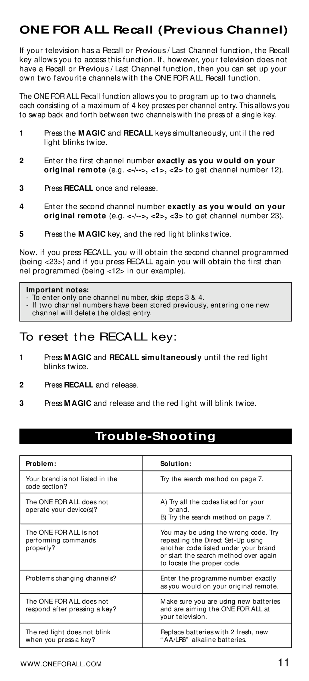 One for All URC-7010 manual ONE for ALL Recall Previous Channel, Trouble-Shooting 