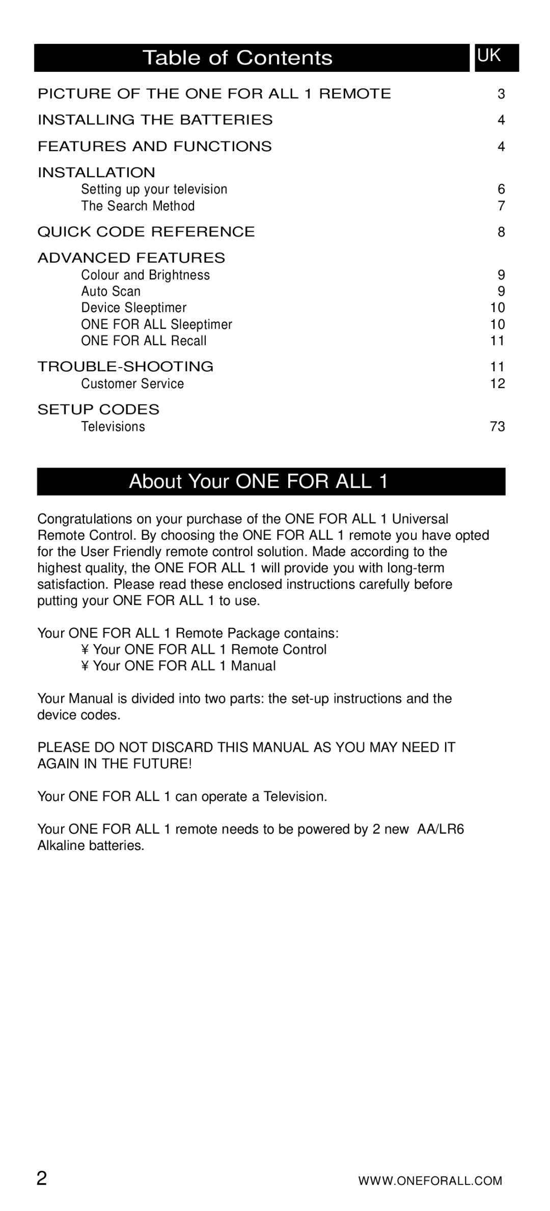 One for All URC-7010 manual Table of Contents, About Your ONE for ALL 