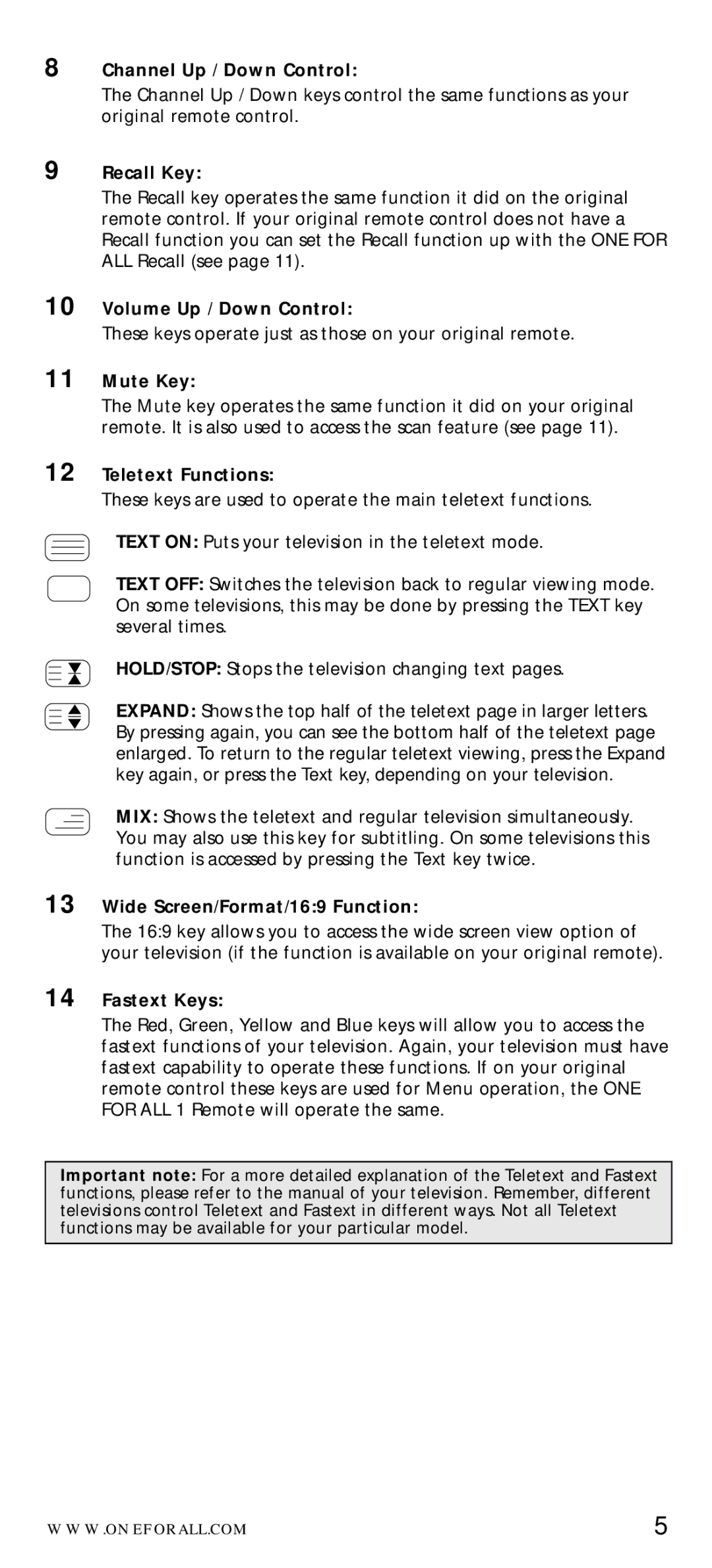 One for All URC-7010 manual Channel Up / Down Control, Recall Key, Volume Up / Down Control, Mute Key, Teletext Functions 