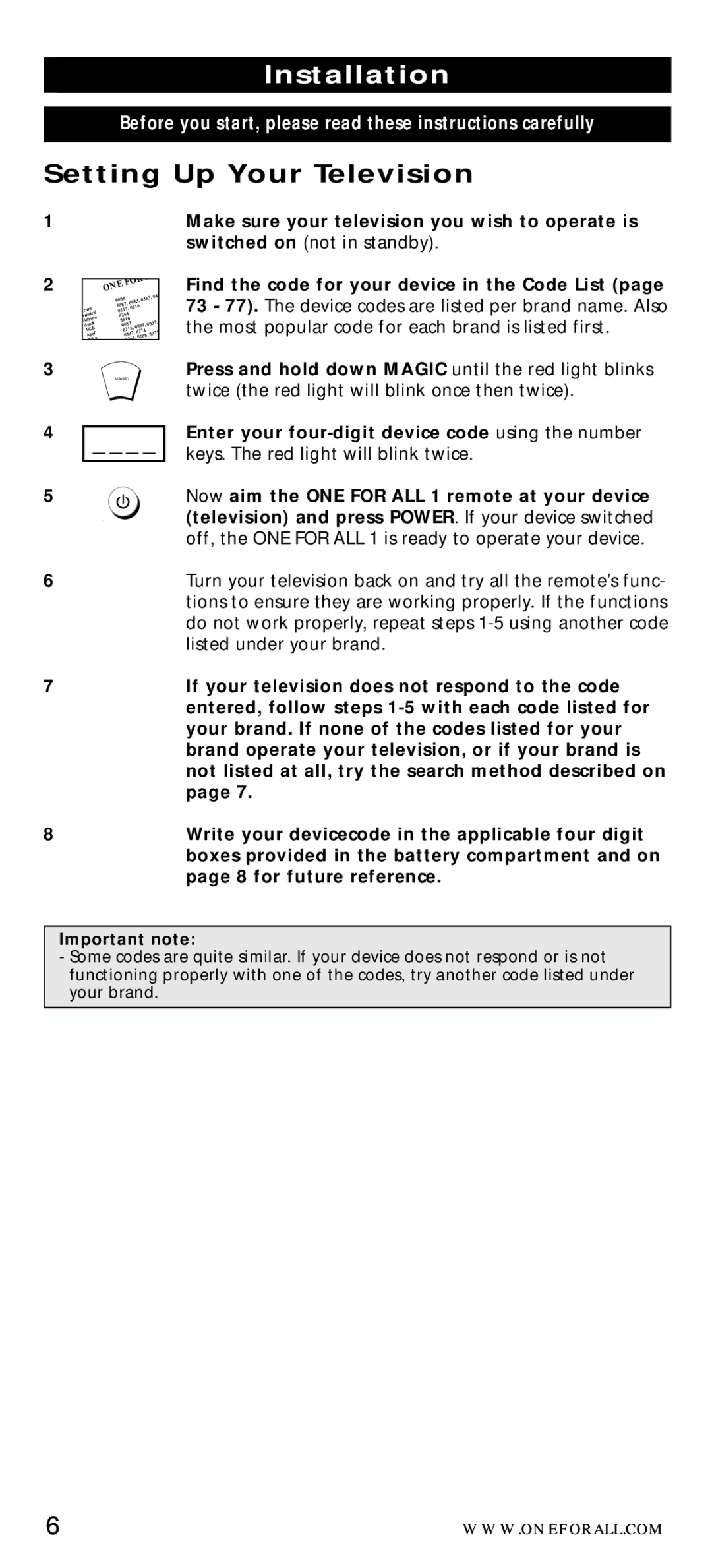 One for All URC-7010 manual Installation, Setting Up Your Television 